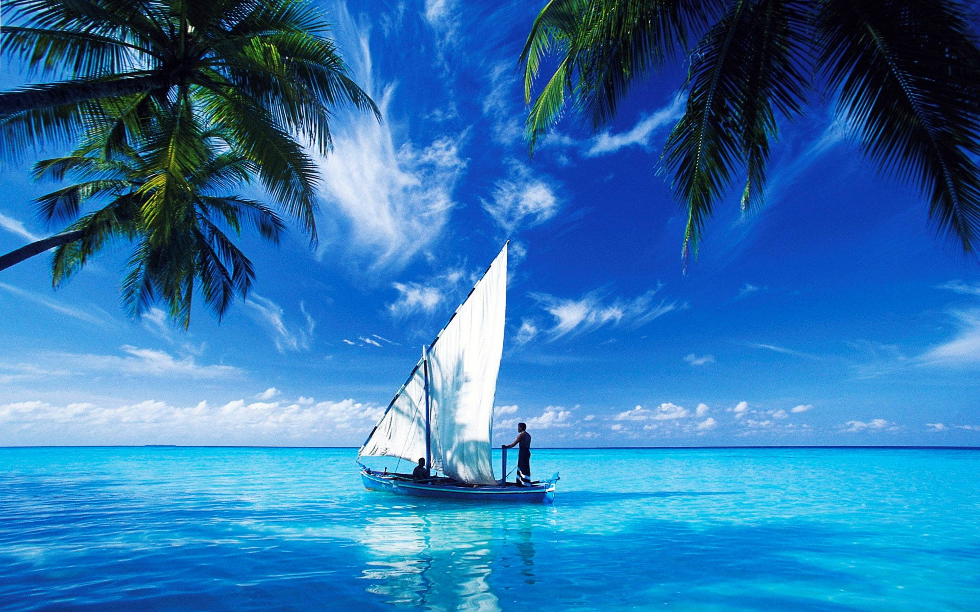 sailboat, turquoise waters, vibrant blue sky, Full HD Desktop Wallpaper