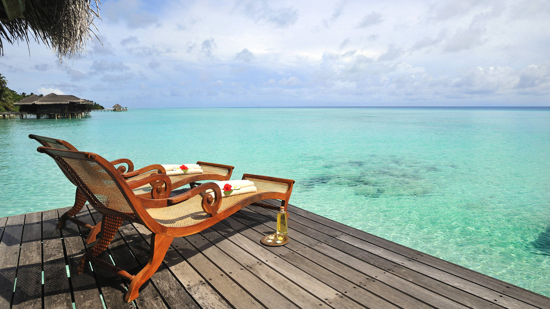 Maldives, beach lounge chair, weathered deck, Full HD Desktop Wallpaper