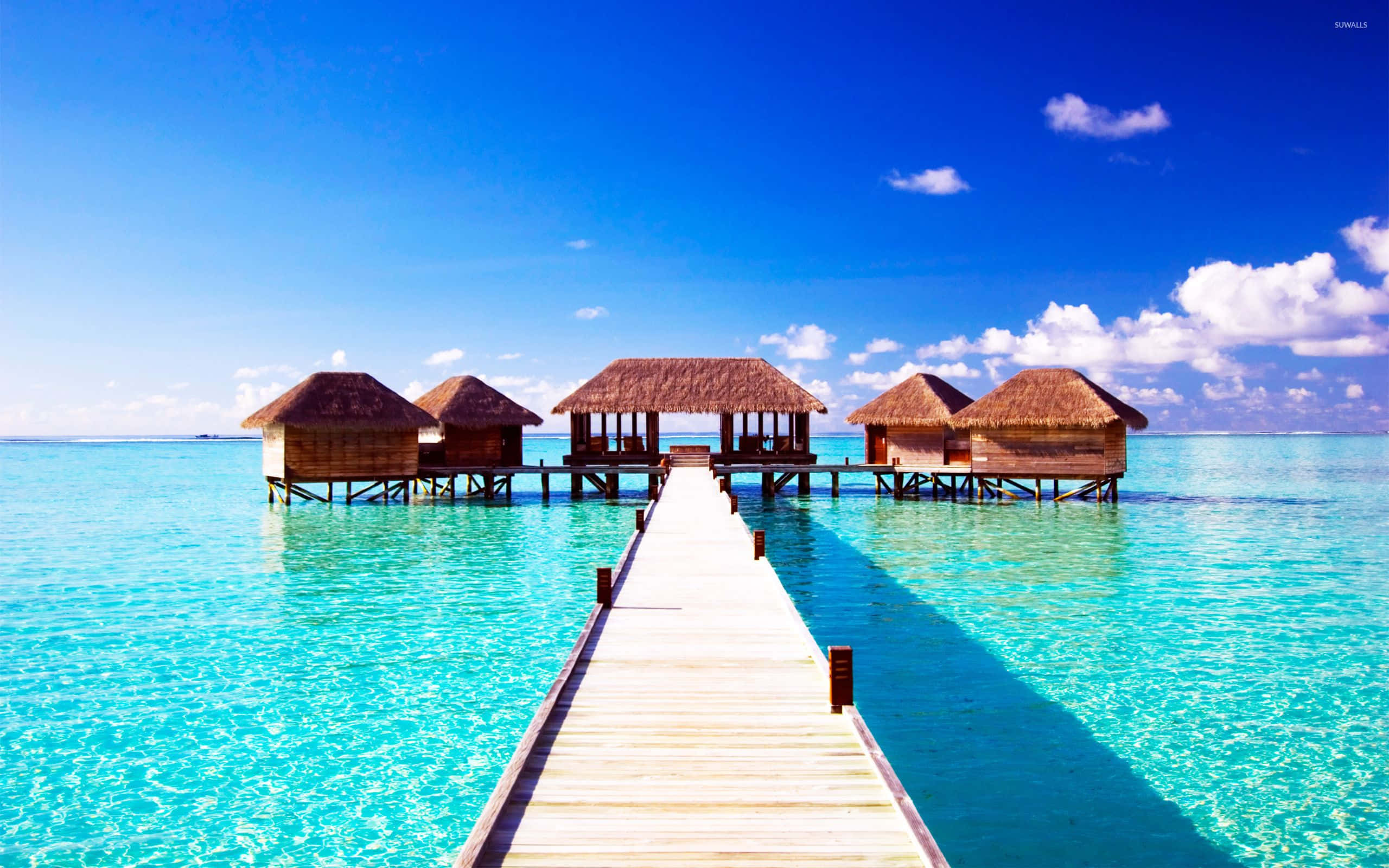 Maldives, wooden pier, overwater bungalows, 2K Desktop Wallpaper