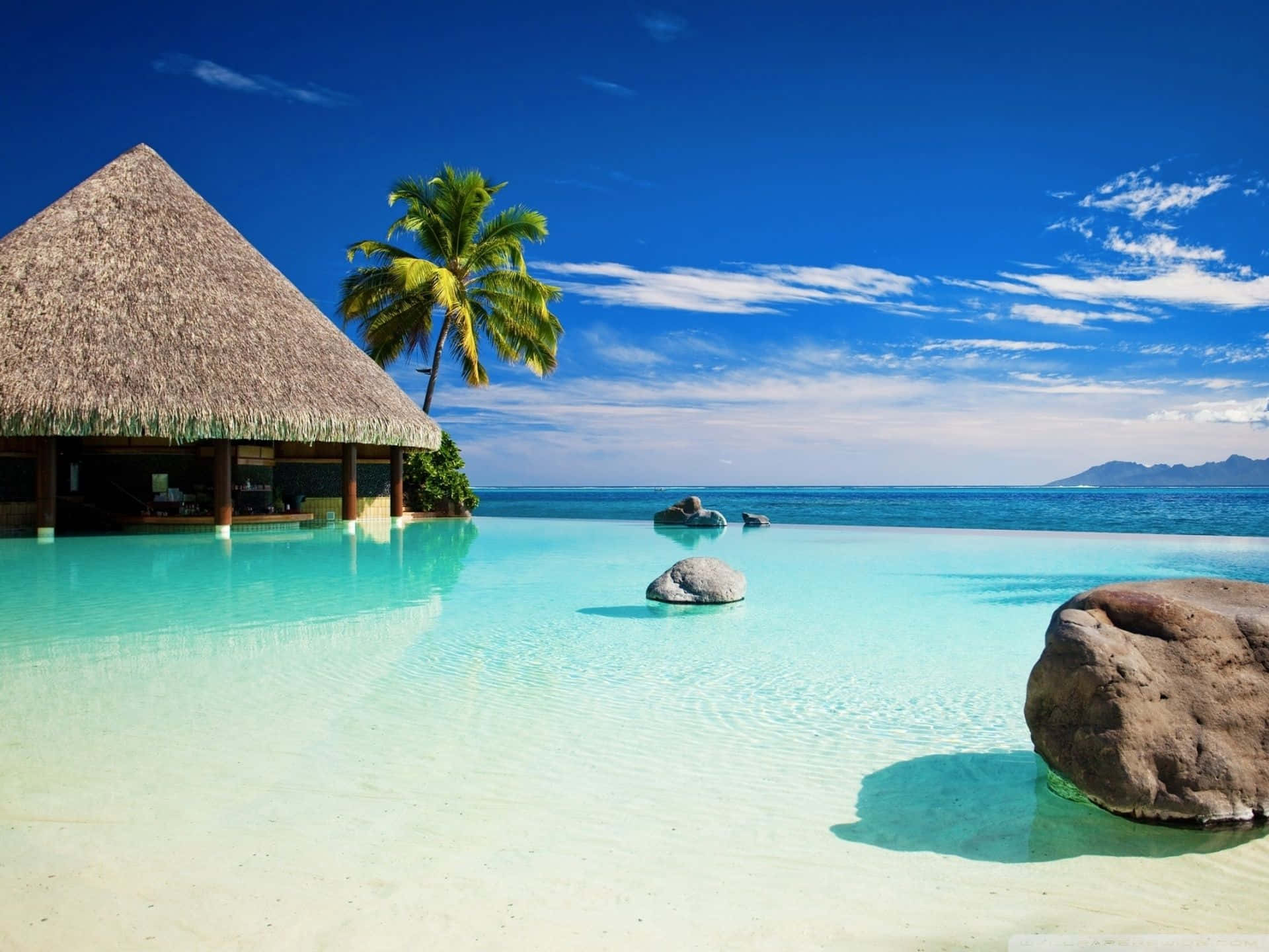 Maldives beach, turquoise ocean, infinity pool, Full HD Desktop Wallpaper