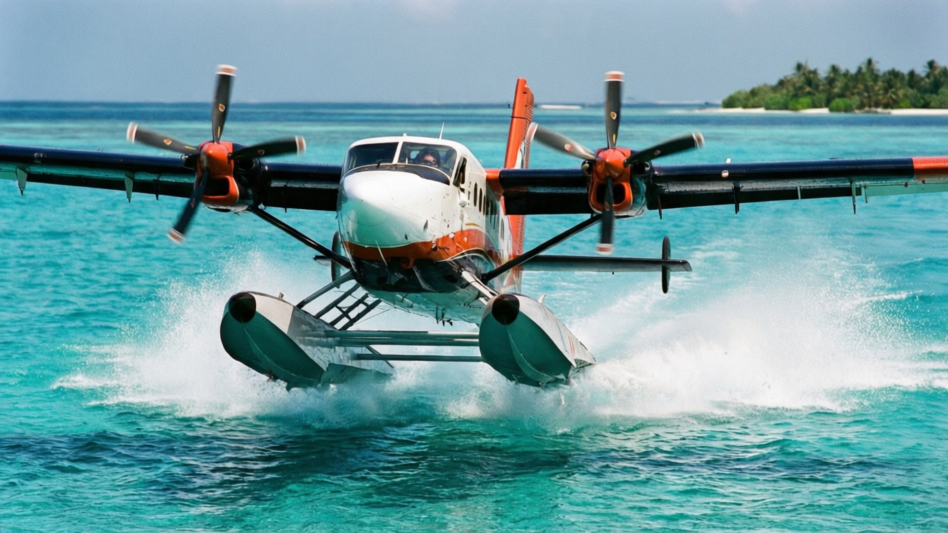 seaplane, white and orange, black wings, Full HD Desktop Wallpaper