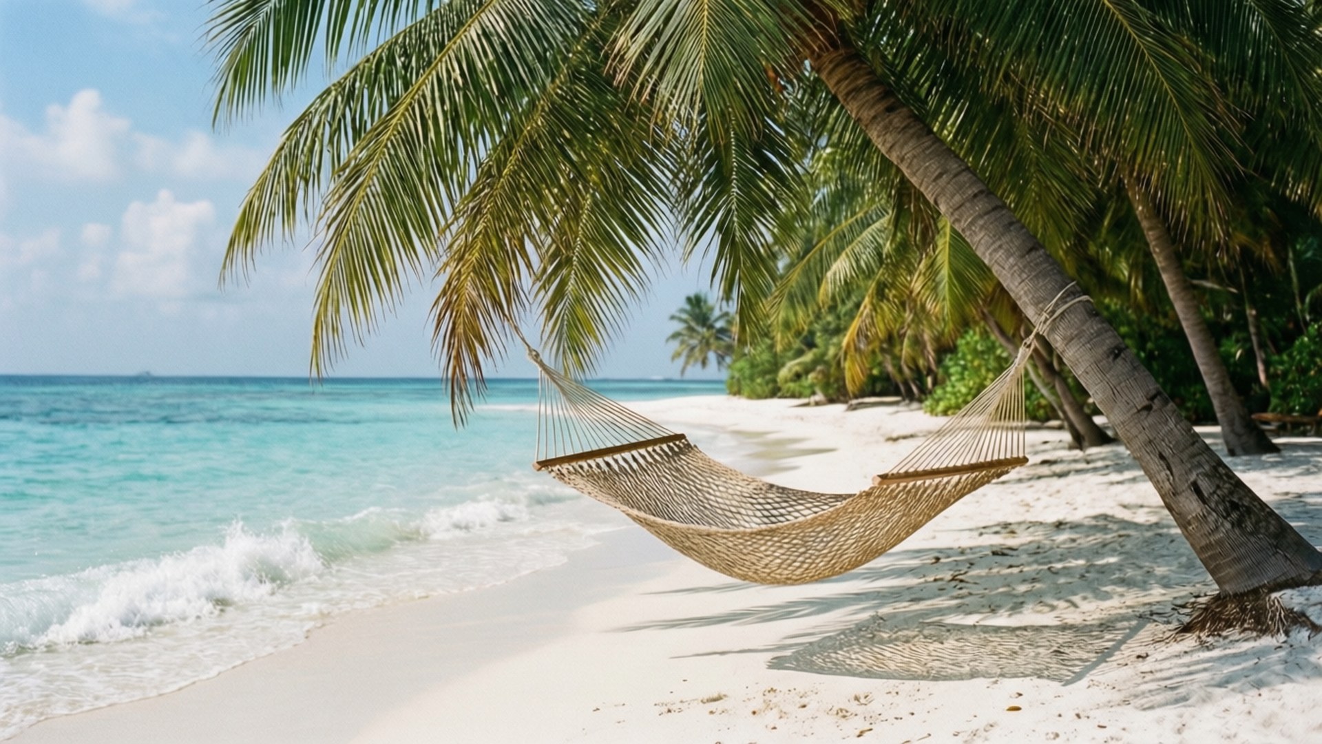 beach hammock, palm trees, white sandy beach, Full HD Desktop Wallpaper