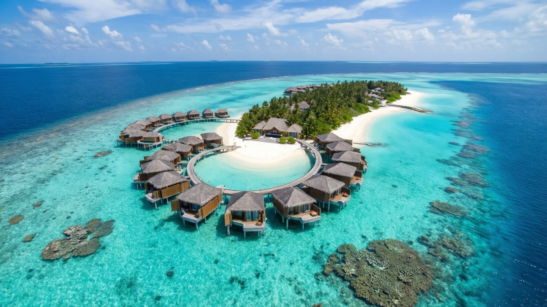 overwater villa, luxury overwater bungalow resort, turquoise waters, Full HD Desktop Wallpaper