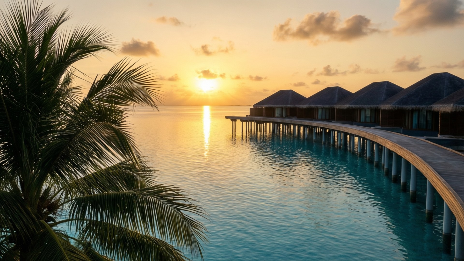overwater bungalow, sunrise, turquoise lagoon, Full HD Desktop Wallpaper
