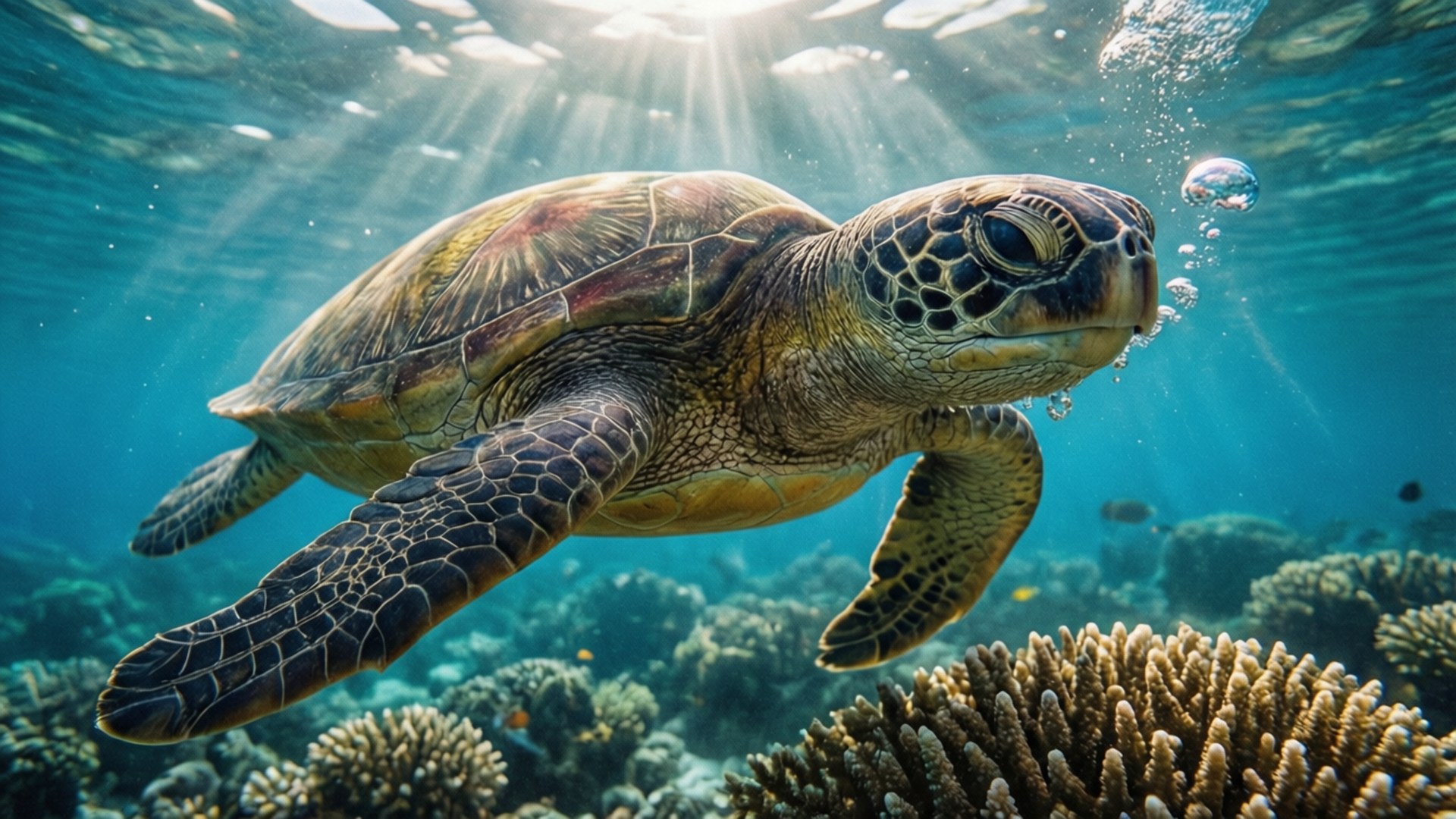 green sea turtle, turquoise waters, vibrant coral reefs, Full HD Desktop Wallpaper
