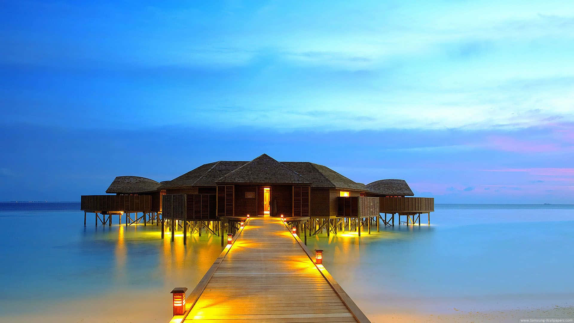 Maldives, wooden pier, overwater bungalows, Full HD Desktop Wallpaper