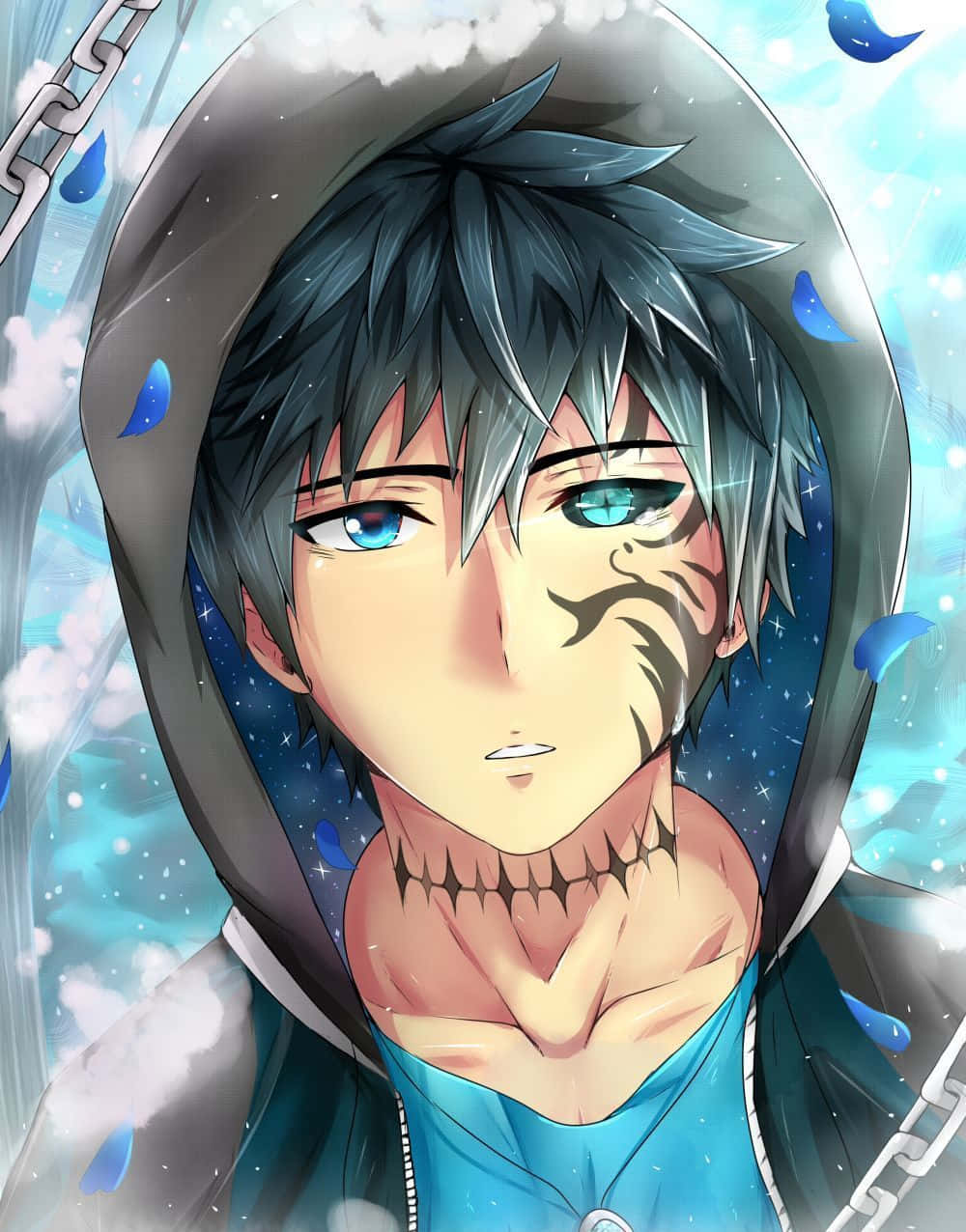 blue eyes, grey hair, hooded jacket, SD Phone Wallpaper