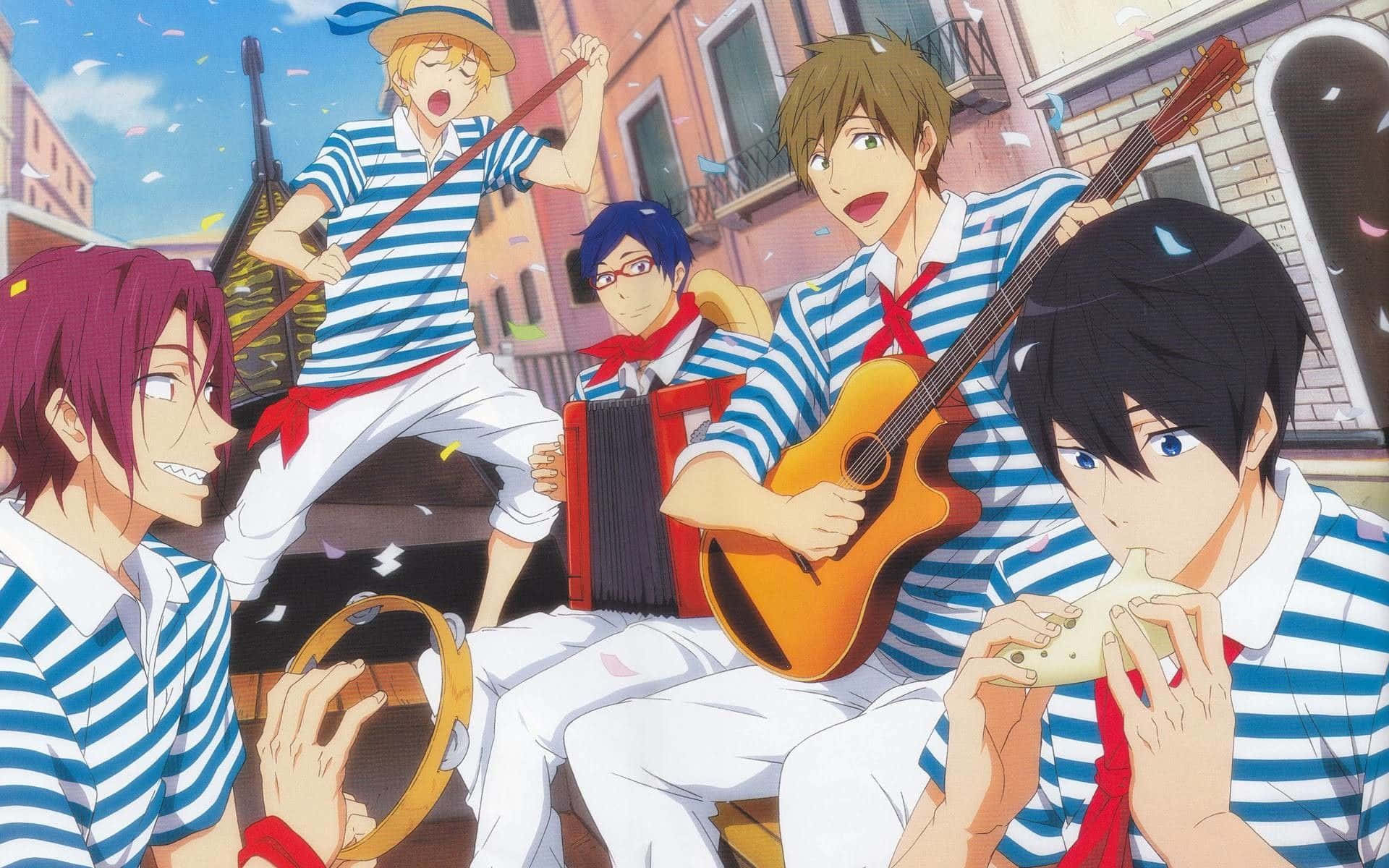 Free Anime Music Time, striped shirts, instruments, Full HD Desktop Wallpaper