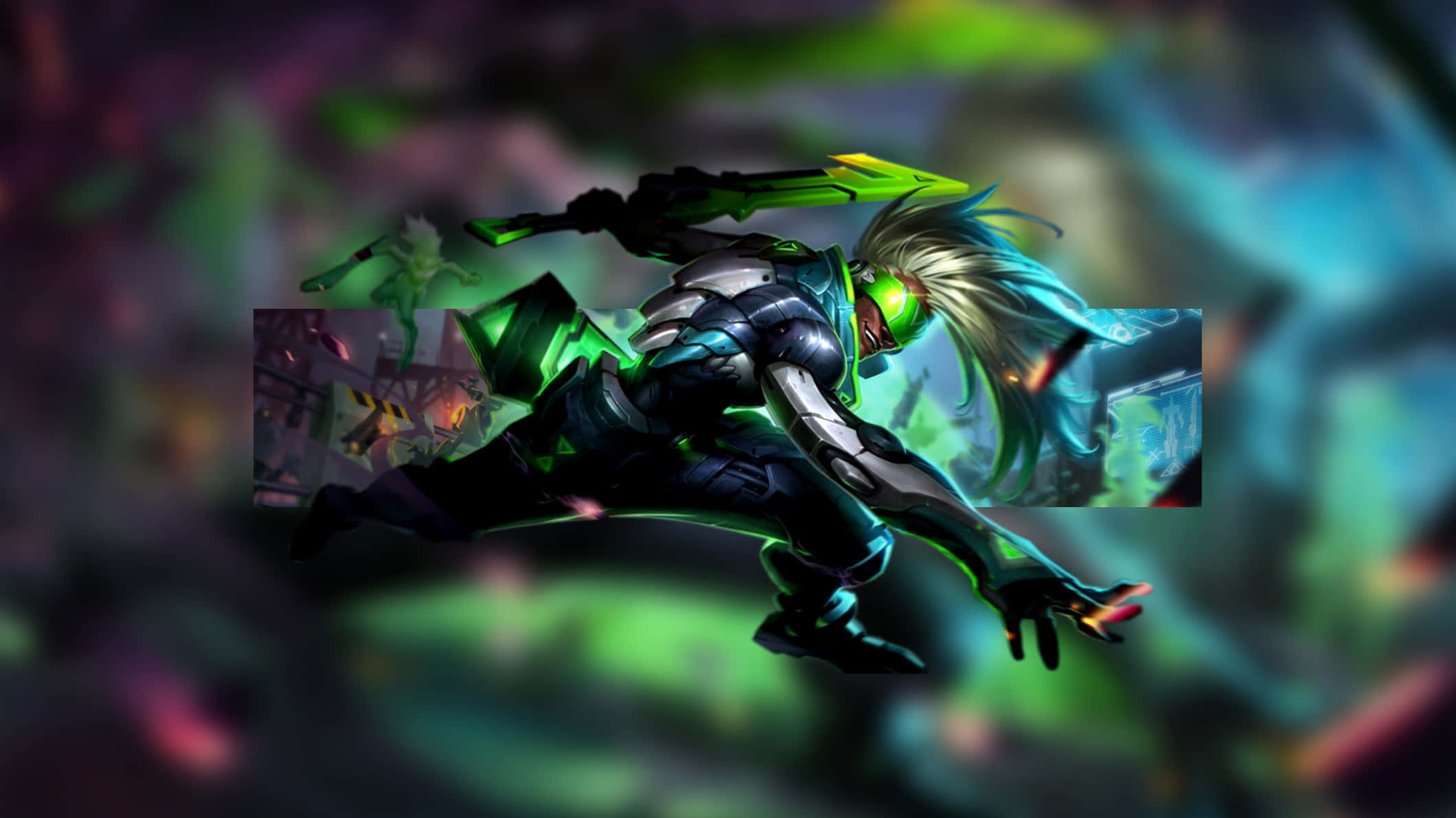 glowing green armor, flowing white hair, neon-lit cyberpunk cityscape, Full HD Desktop Wallpaper