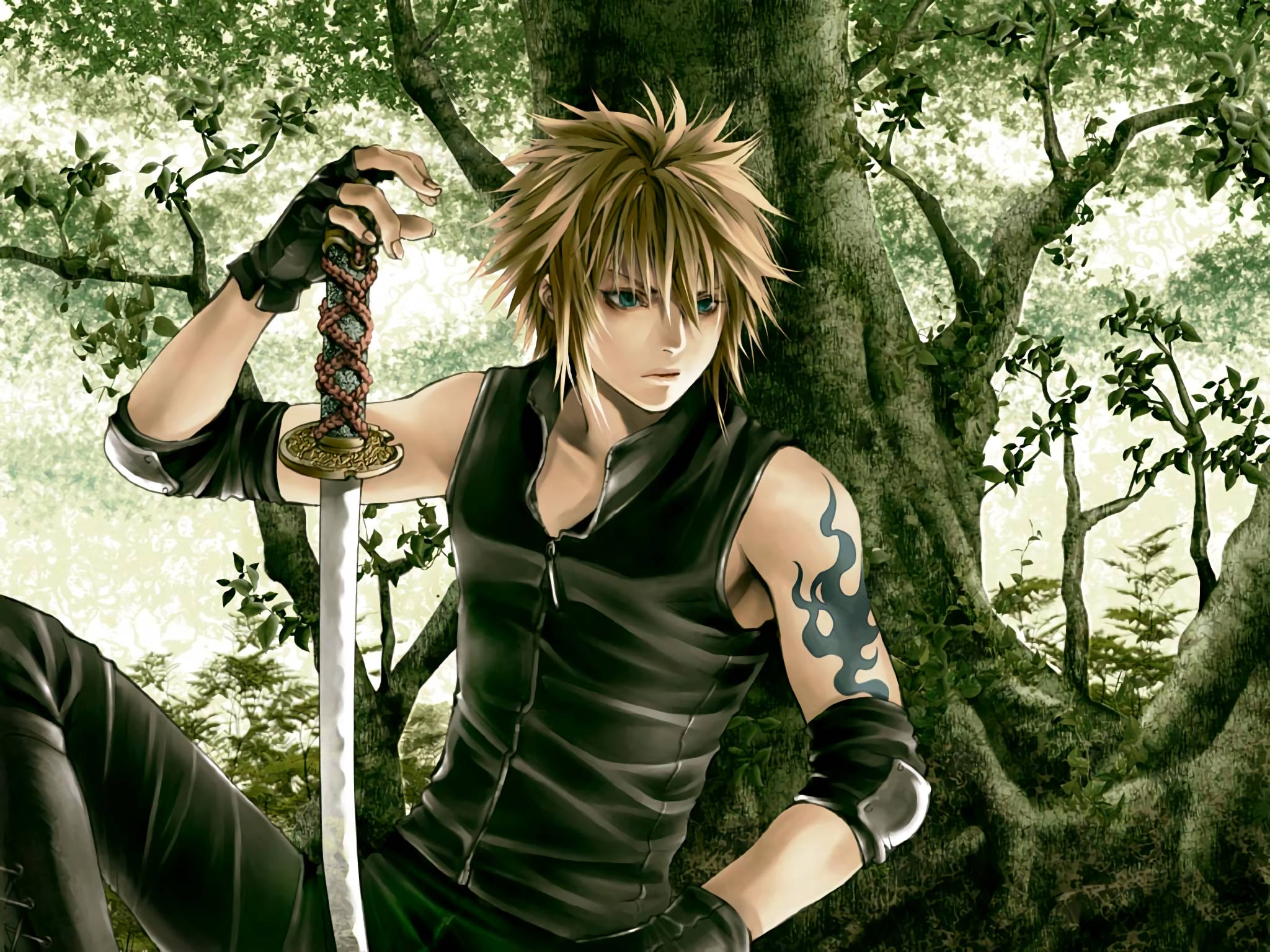 spiky-haired anime warrior, mossy tree, sword, Full HD Desktop Wallpaper