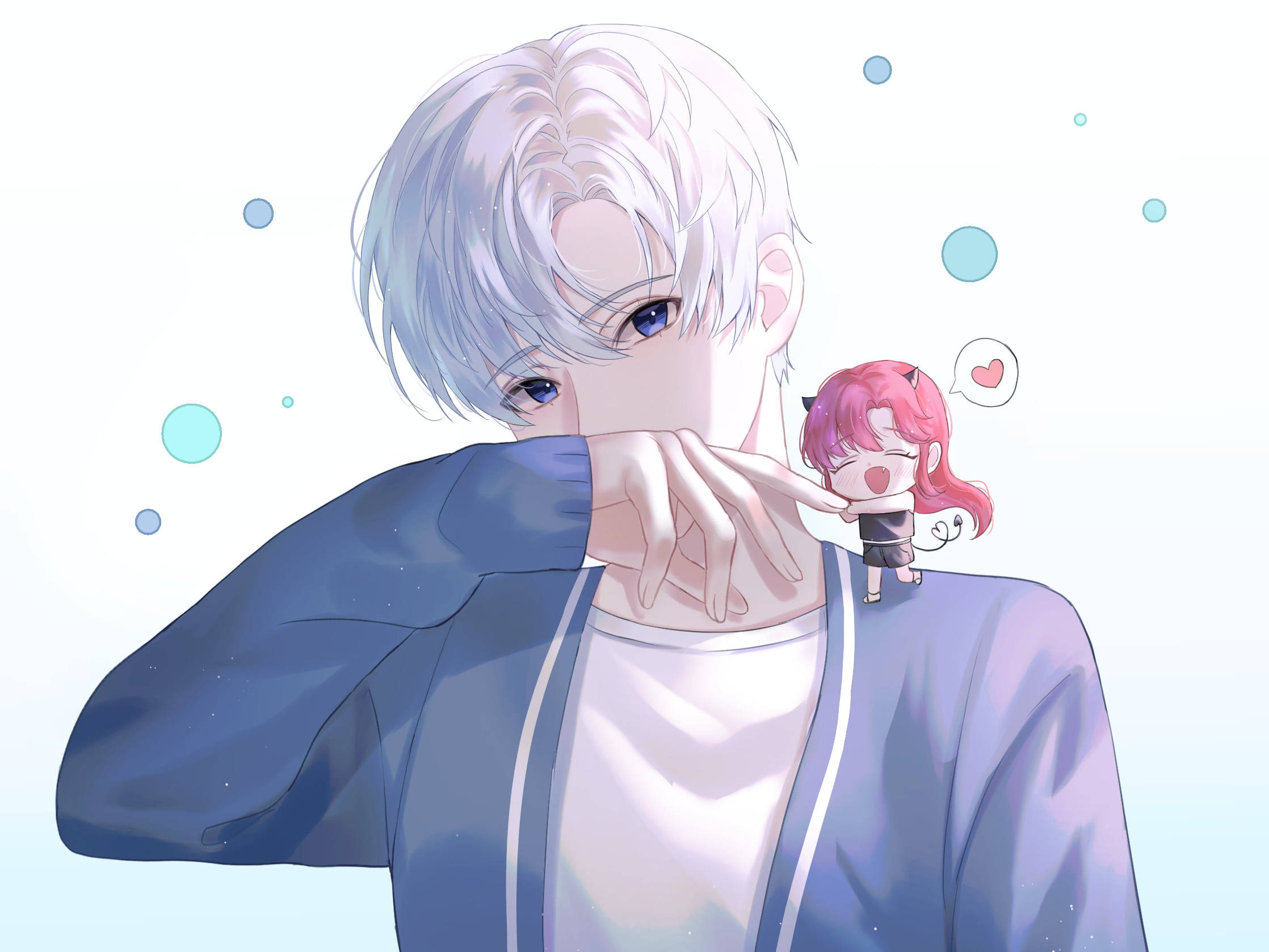 silver-haired anime boy, tiny pink-haired girl with cat ears, smiles with a heart bubble, Full HD Desktop Wallpaper