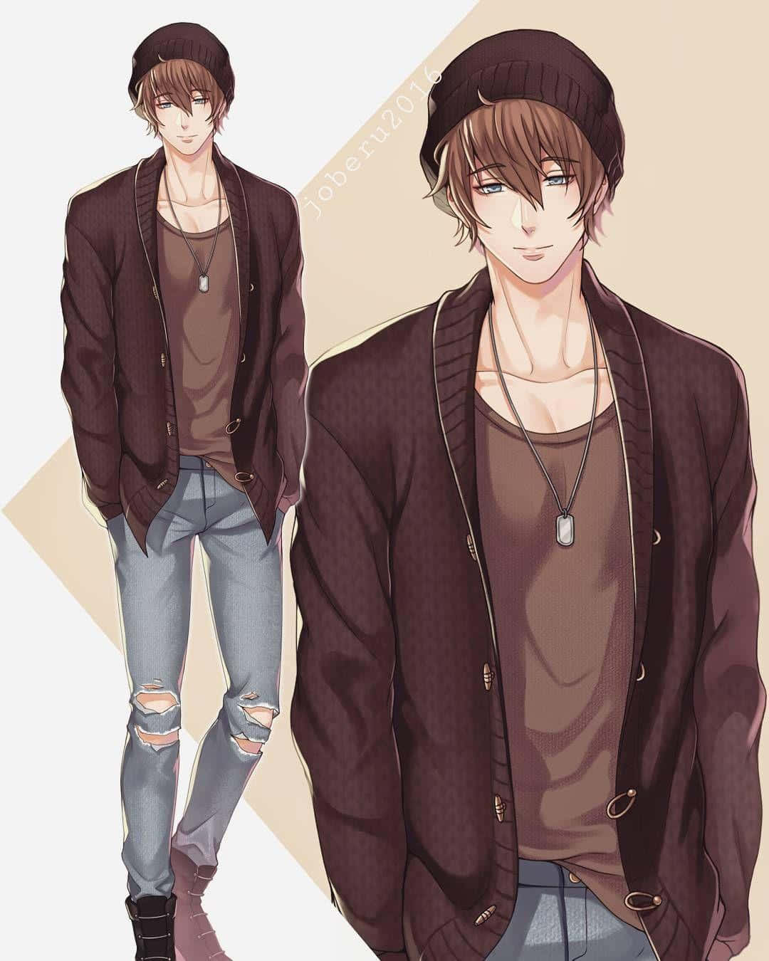 male anime character, brown jacket, jeans, HD Phone Wallpaper