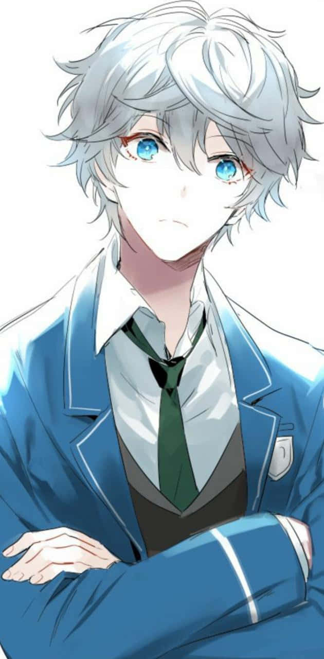 silver-haired anime boy, blue eyes, blue school uniform, HD Phone Wallpaper