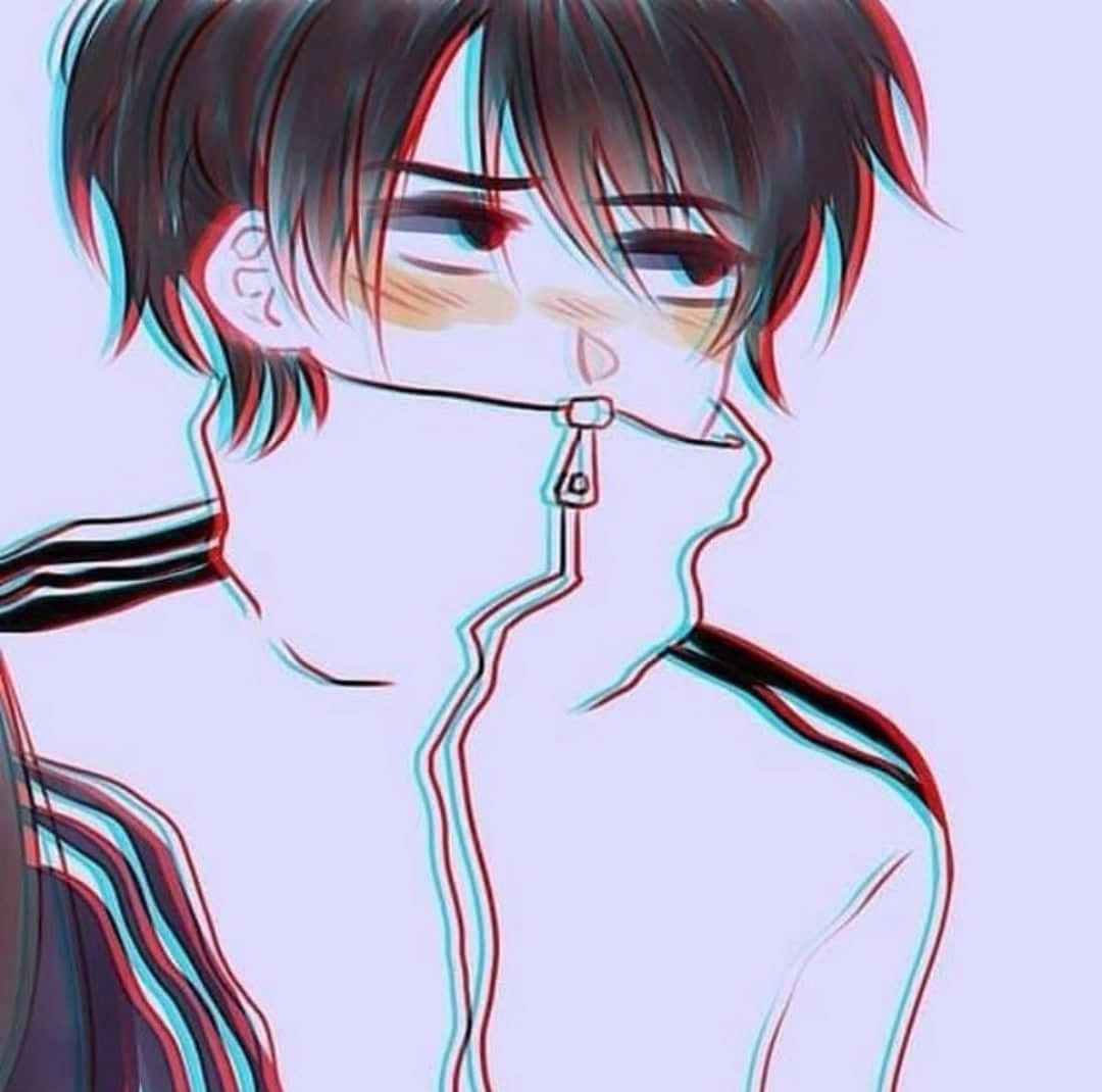 Anime boy, dark hair, red blue chromatic aberration effect, SD Desktop Wallpaper