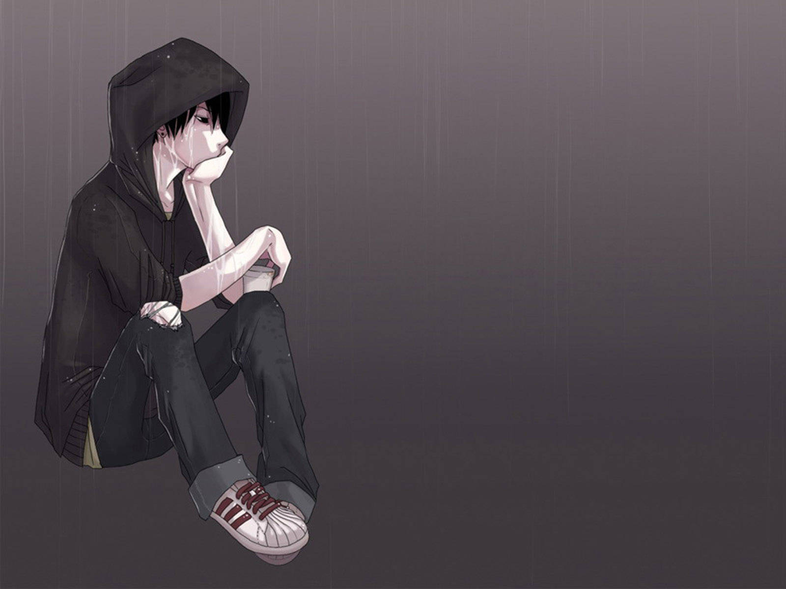 anime teen, black hoodie, gray rain, HD Desktop Wallpaper