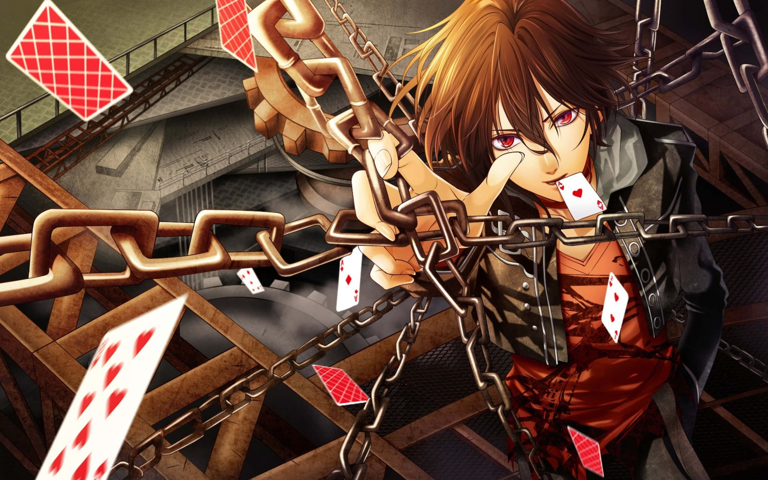 brown-haired anime character, red eyes, golden chains, 2K Desktop Wallpaper