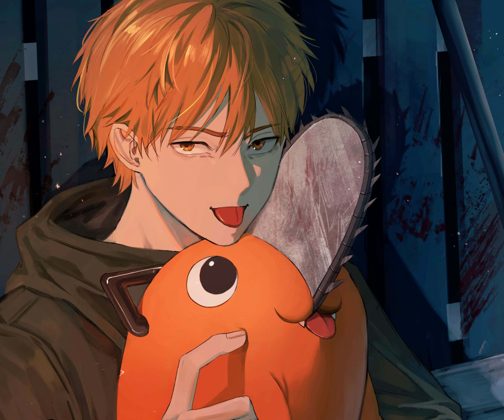 anime boy, orange hair, chainsaw, Full HD Desktop Wallpaper