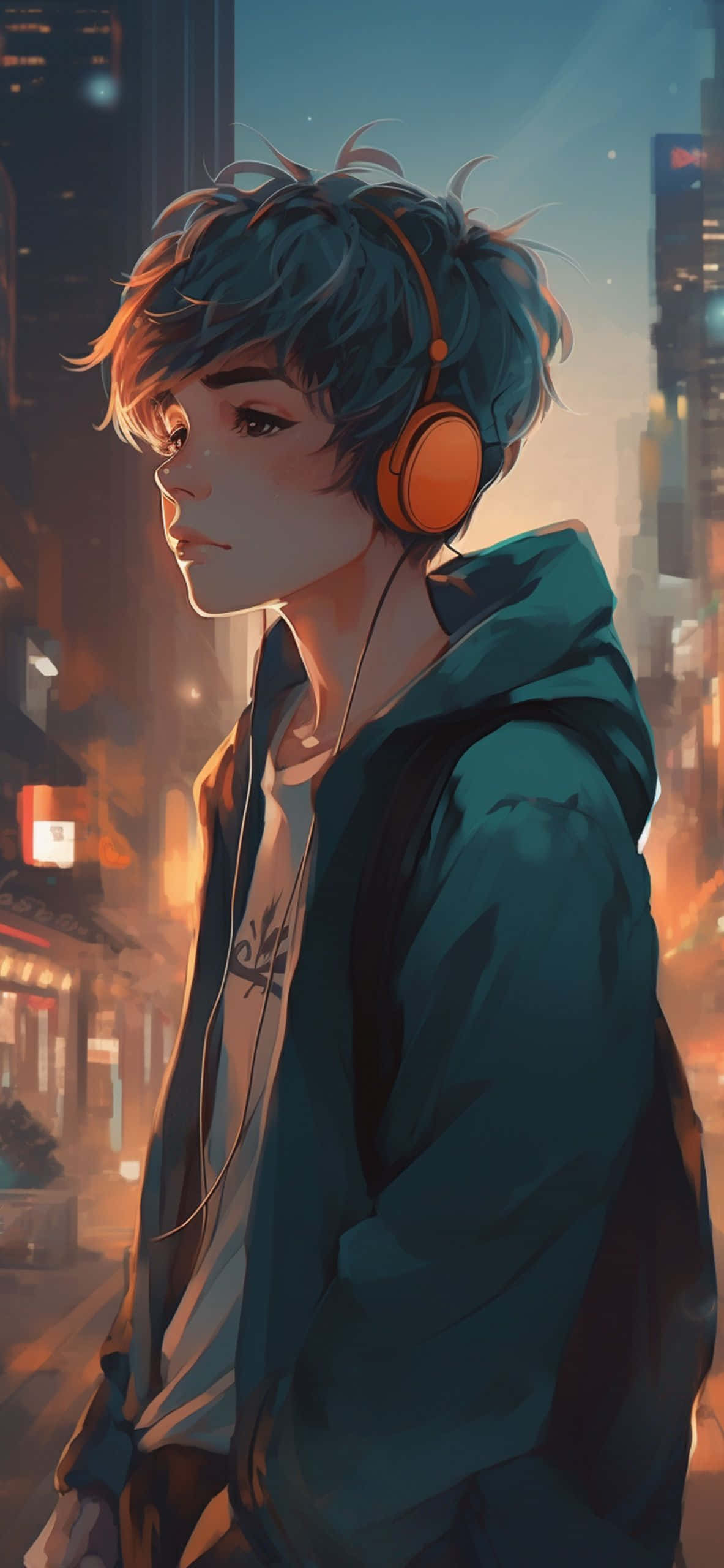 urban dusk, anime boy, orange headphones, 2K Phone Wallpaper