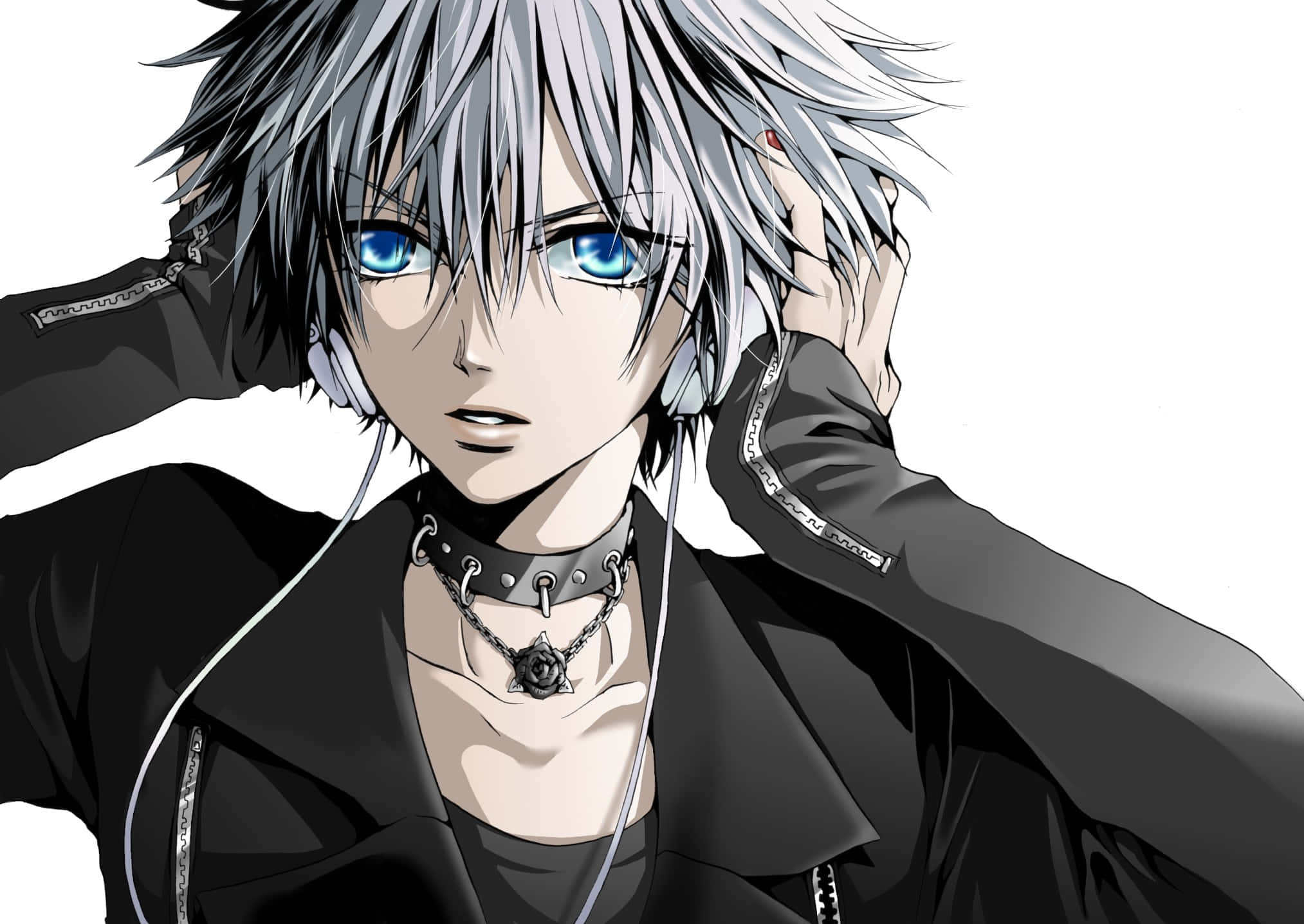 silver-haired anime boy, blue eyes, headphones, Full HD Desktop Wallpaper