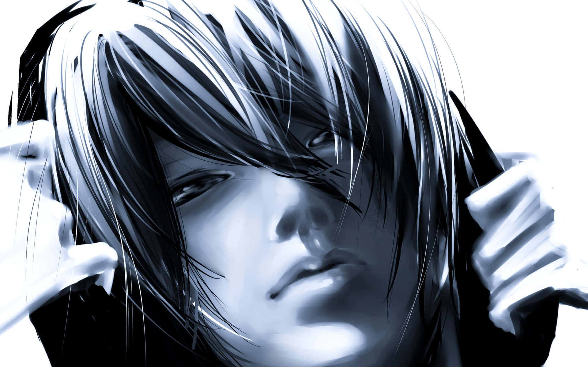 monochrome anime boy, tousled hair, gloved hands, Full HD Desktop Wallpaper