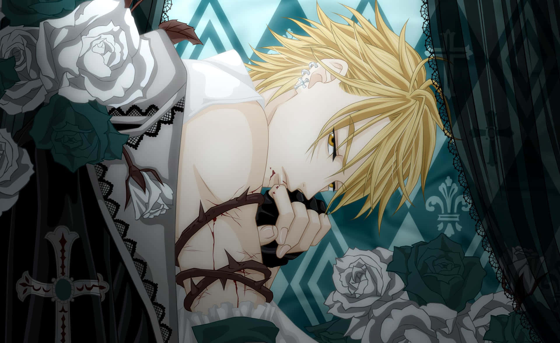 blonde anime male, yellow eyes, thorny vines, Full HD Desktop Wallpaper