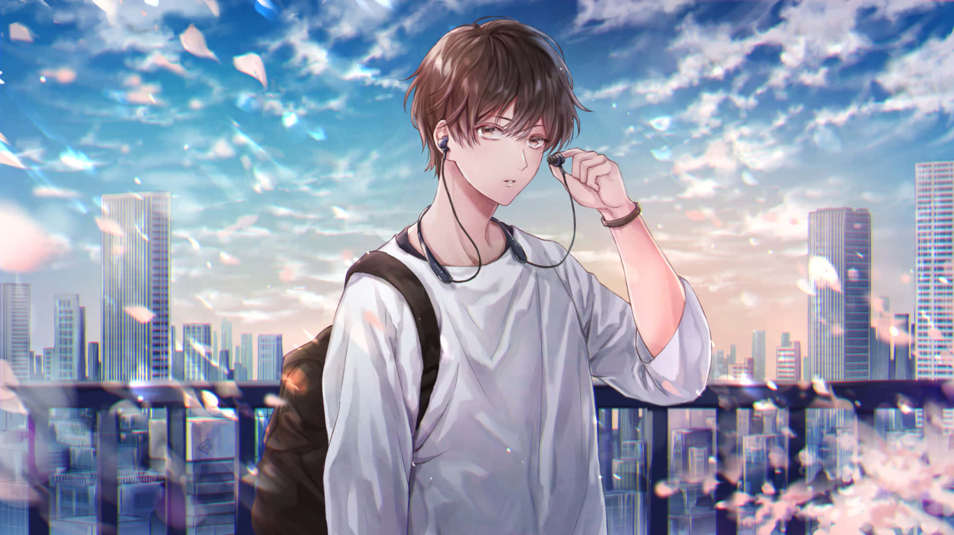 anime-style man, brown hair, vibrant city skyline, Full HD Desktop Wallpaper