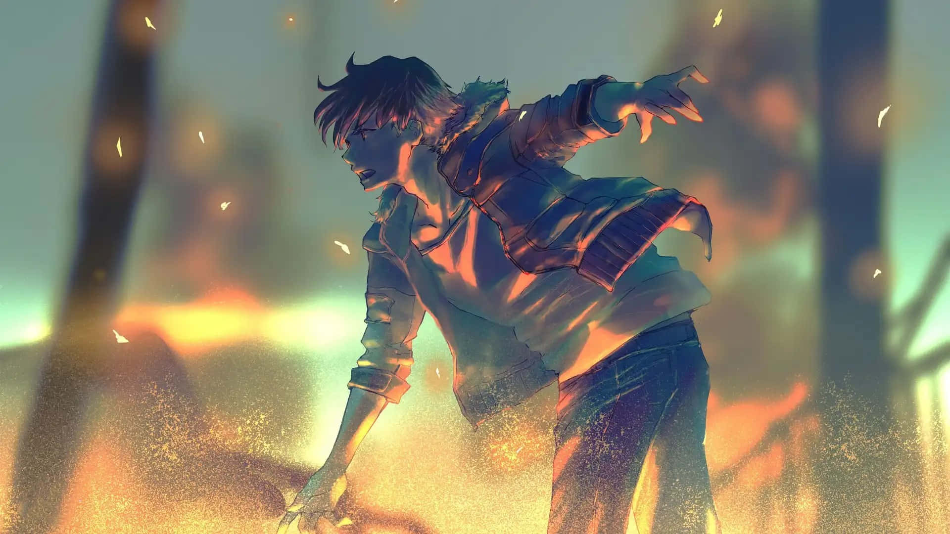 anime boy, torn jacket, glowing golden dust storm, Full HD Desktop Wallpaper