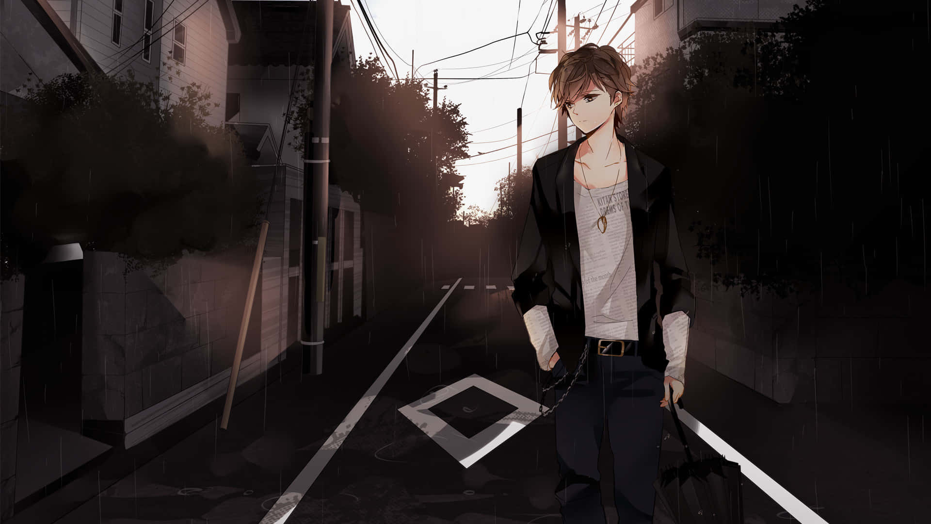 young man, black jacket, rain-slicked alleyway, Full HD Desktop Wallpaper