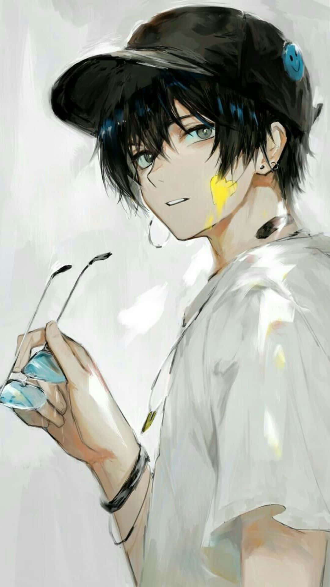 anime-style man, black cap, white shirt, Full HD Phone Wallpaper