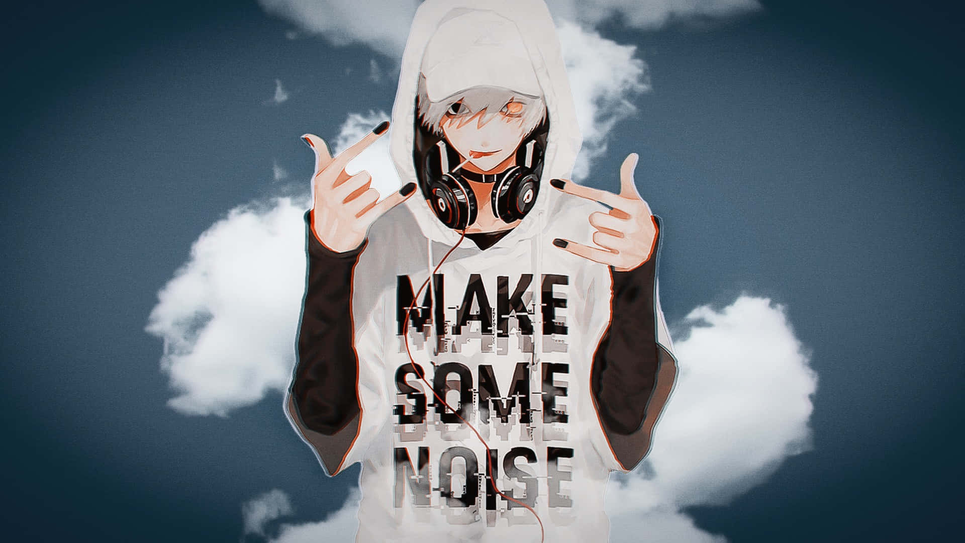 anime character, white hoodie, headphones, Full HD Desktop Wallpaper
