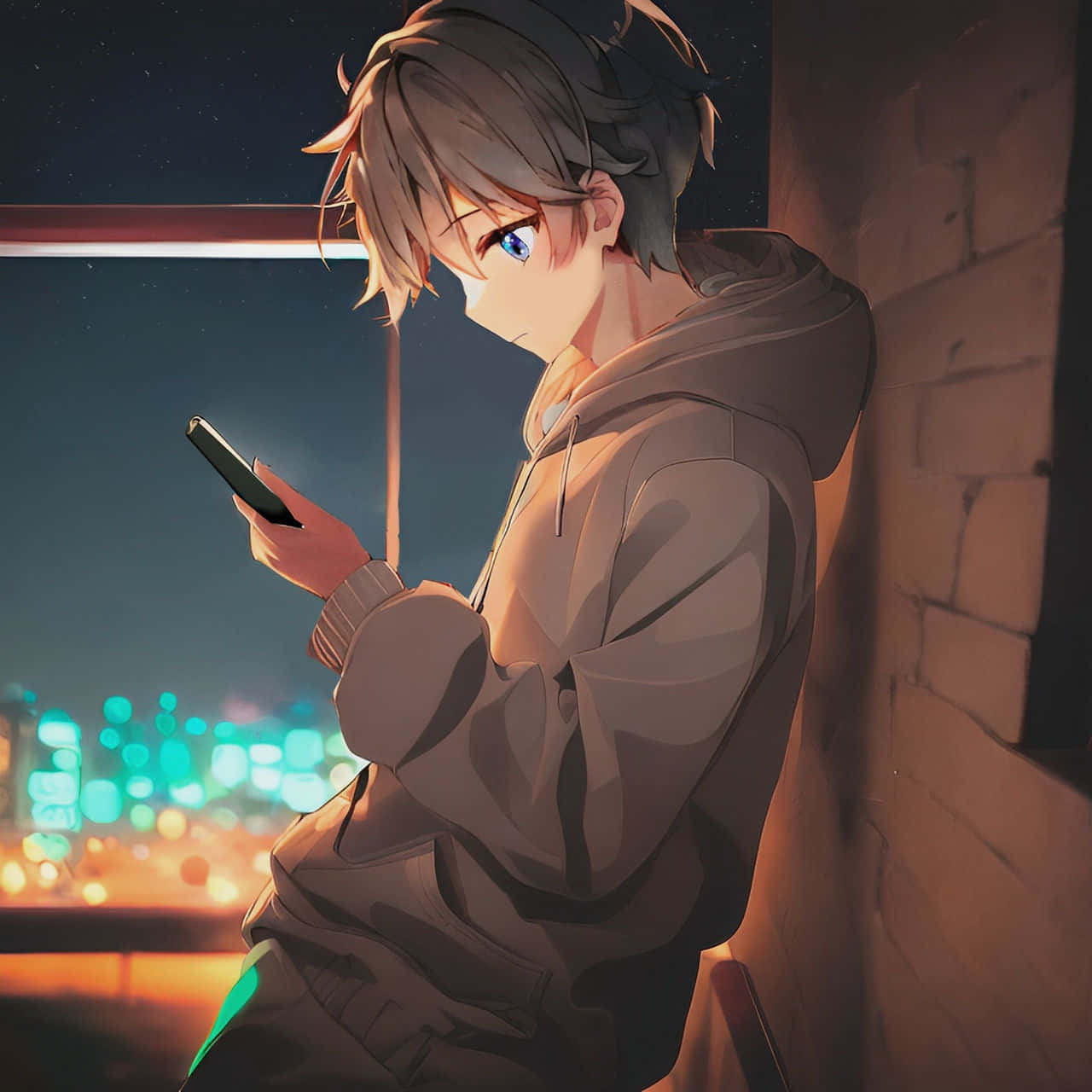 anime boy, hoodie, brick wall, HD Desktop Wallpaper