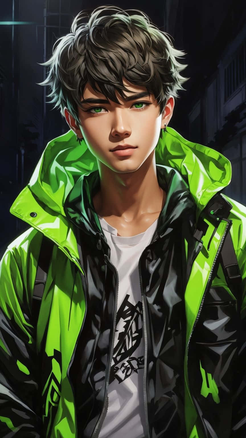 anime boy, green jacket, bright green and black jacket, HD Phone Wallpaper