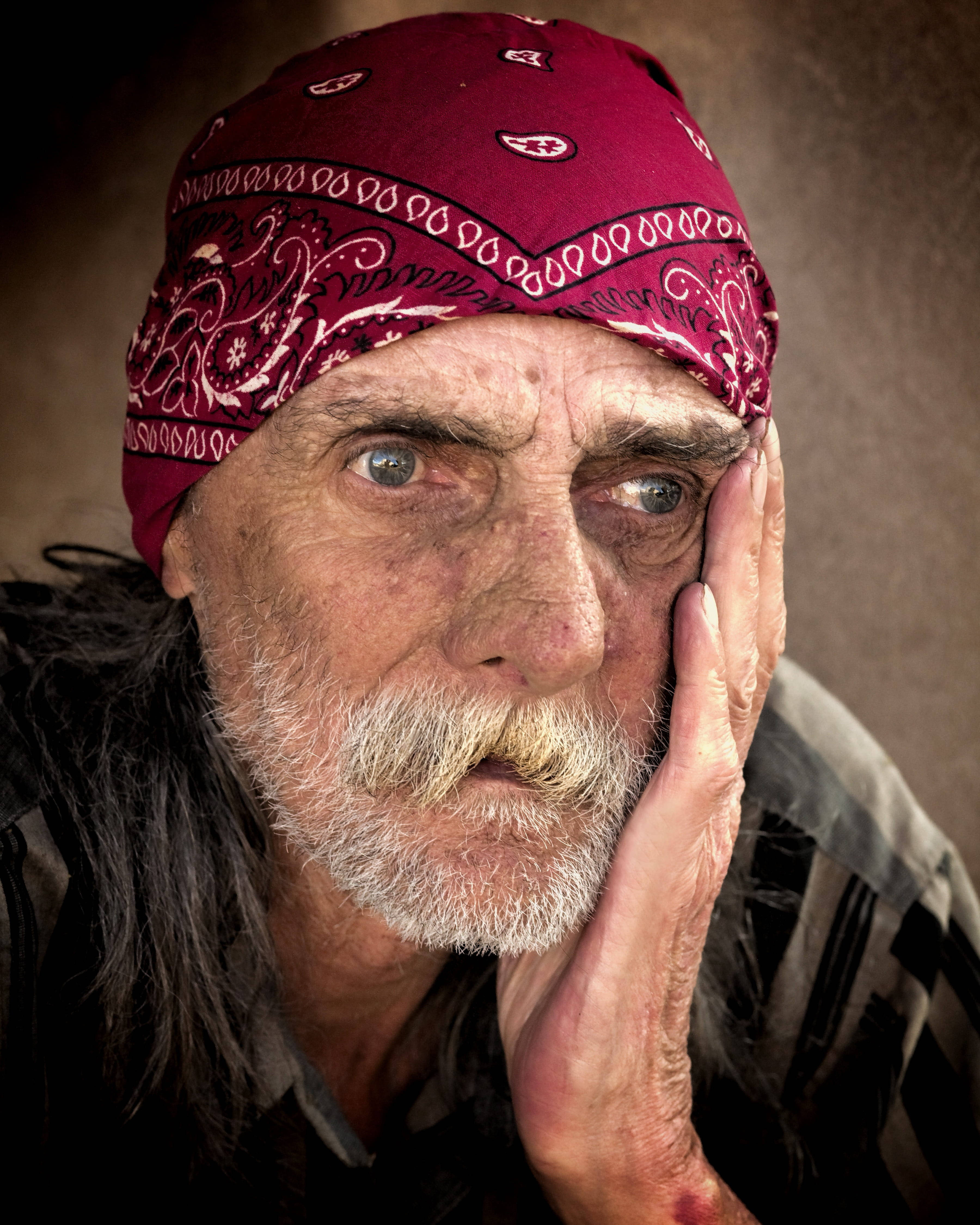 red bandana, elderly man, weathered face, 4K Phone Wallpaper