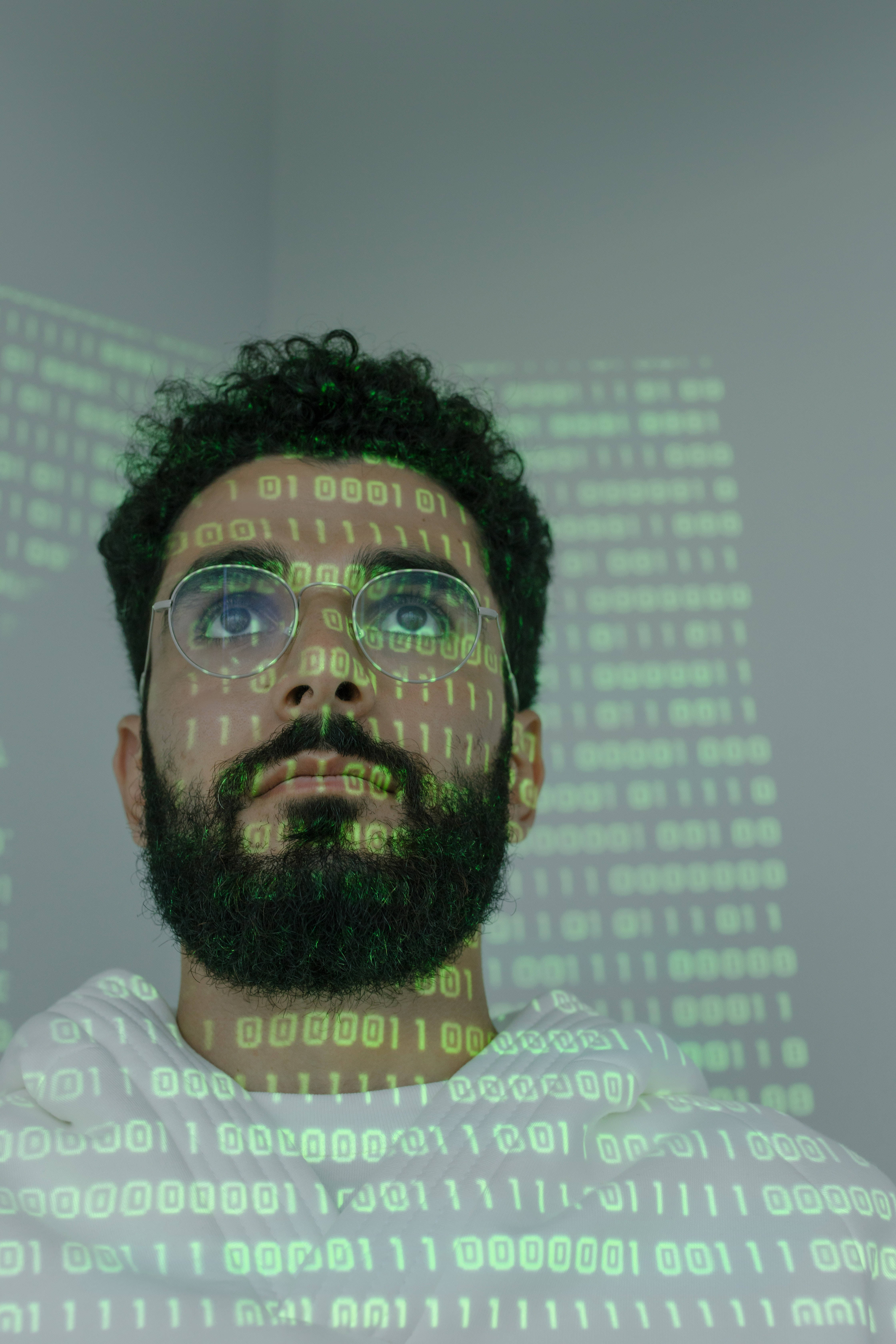 binary code, green binary code, glasses, 5K Phone Wallpaper