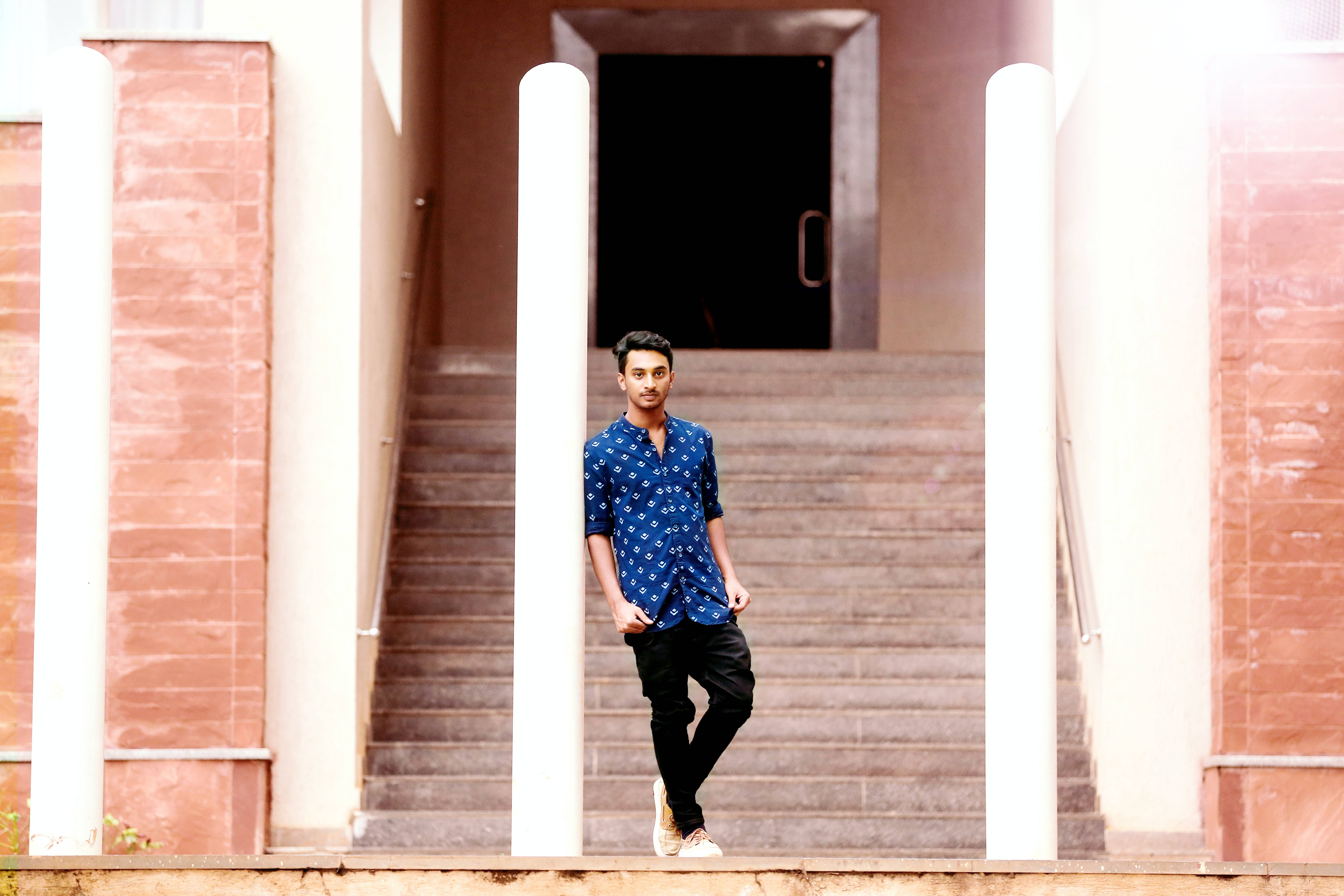 male model, floral blue shirt, stone stairs, 5K Desktop Wallpaper