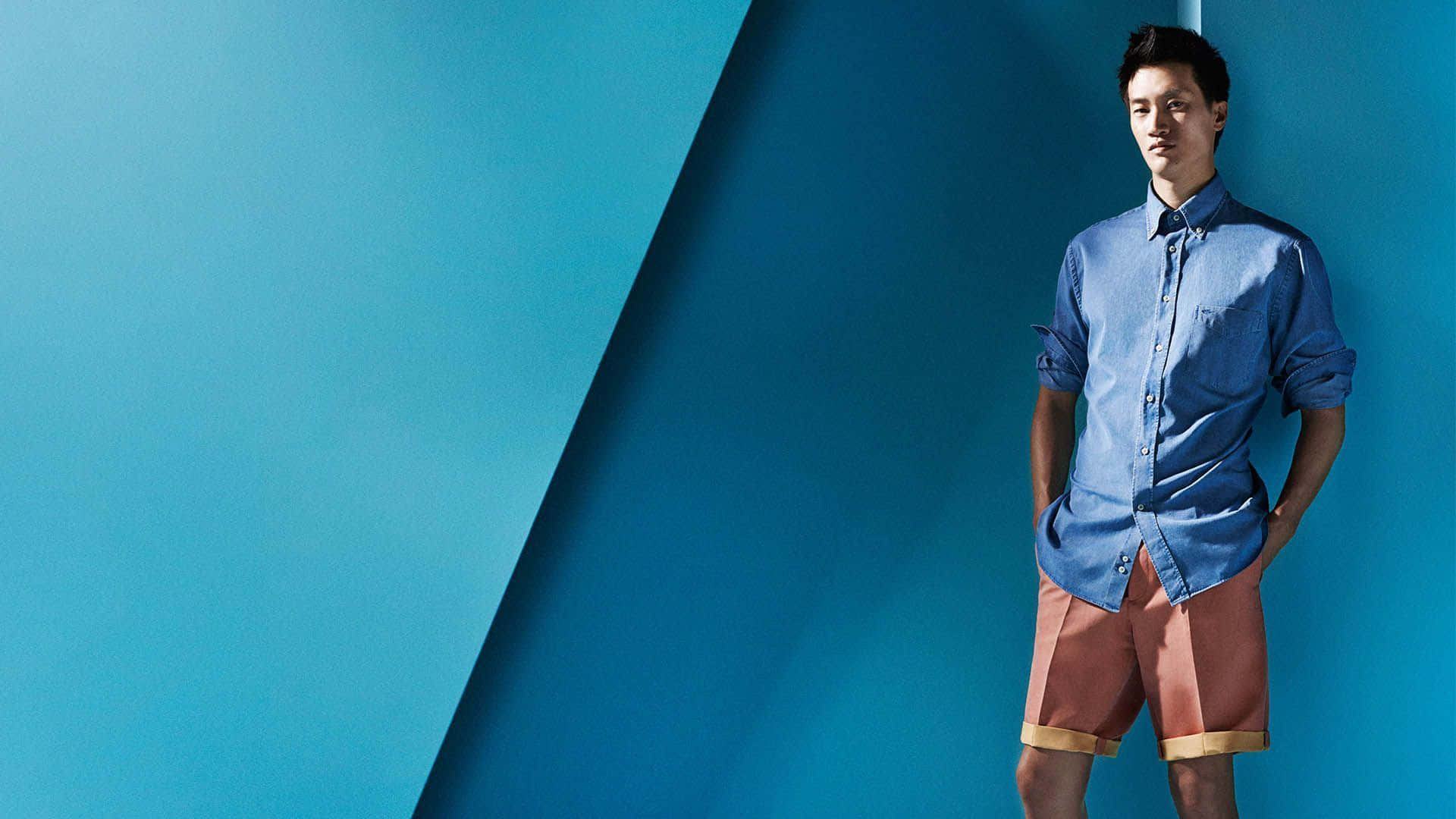 blue shirt, coral shorts, bold blue geometric wall, Full HD Desktop Wallpaper