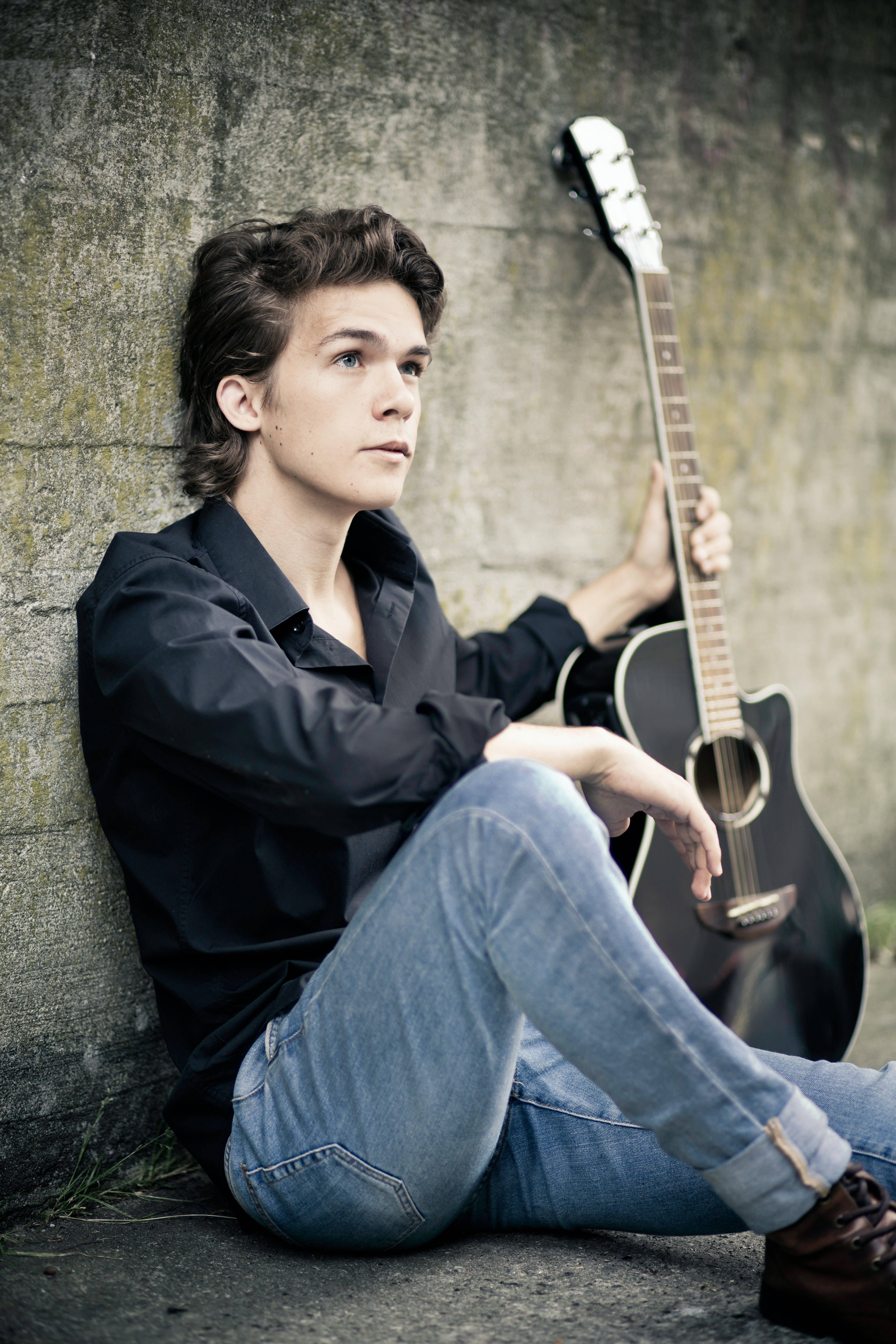 male model, acoustic guitar, tousled hair, 5K Phone Wallpaper