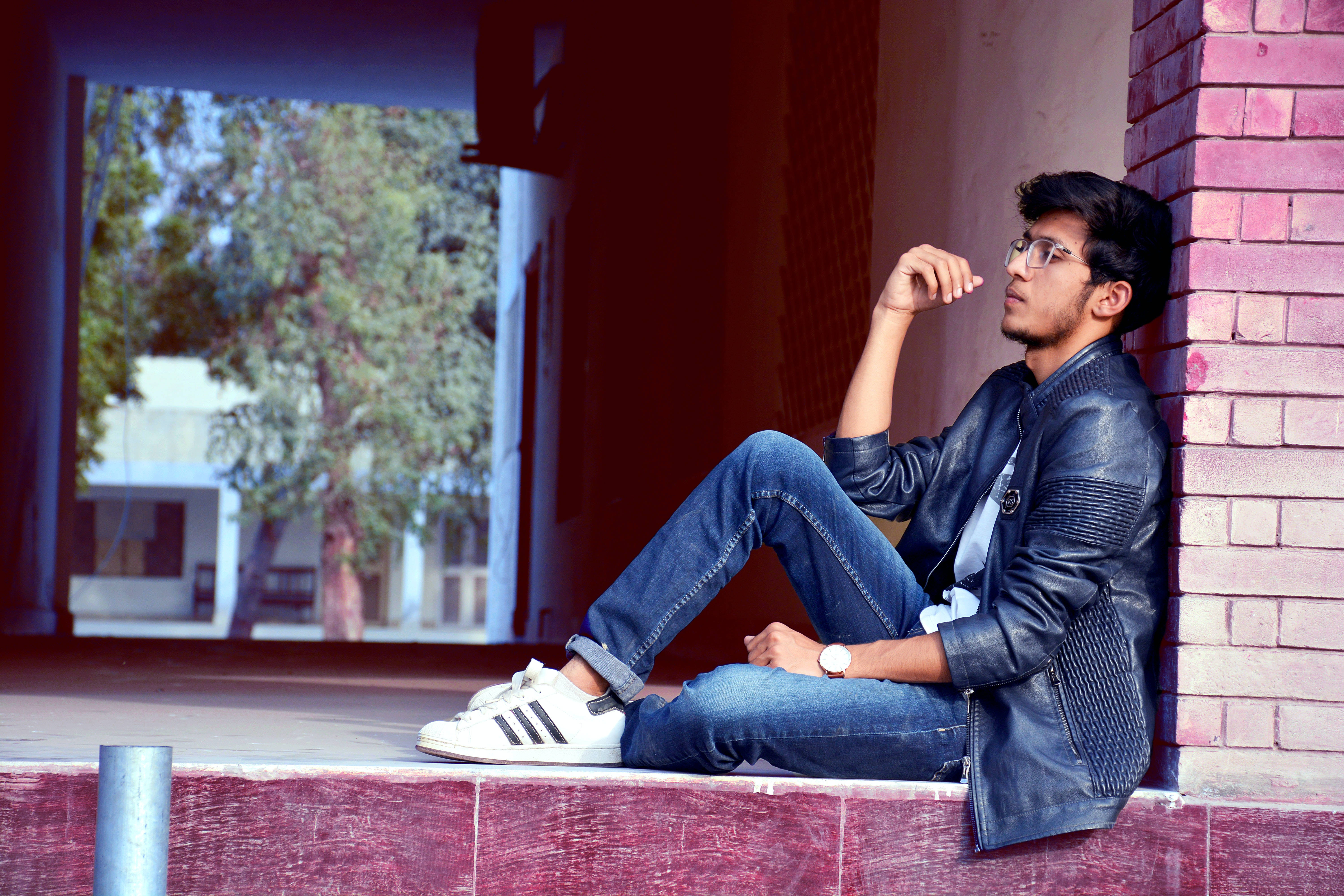 denim jeans, leather jacket, brick wall, 5K Desktop Wallpaper