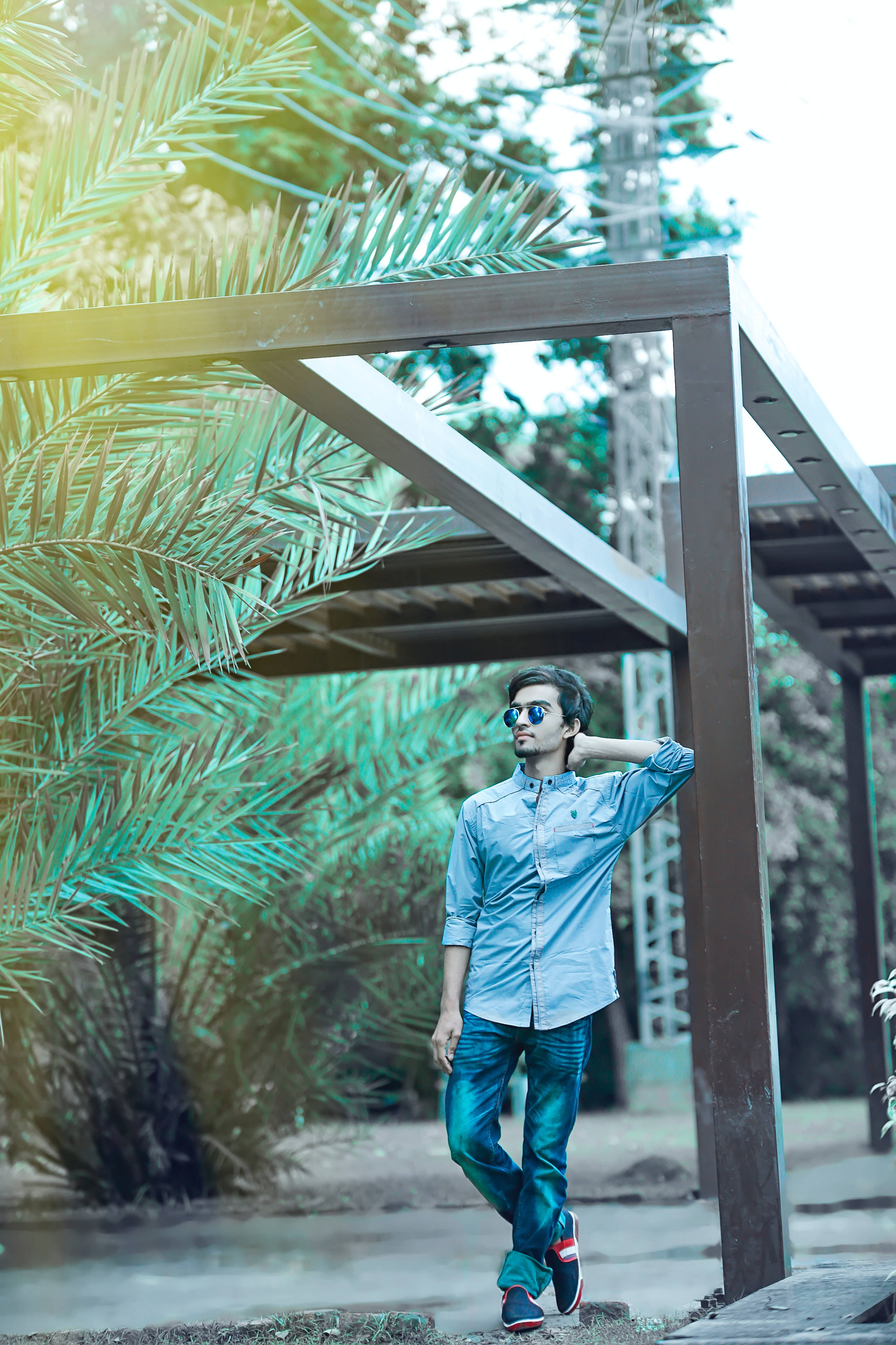 blue shirt, jeans, wooden pergola, 4K Phone Wallpaper