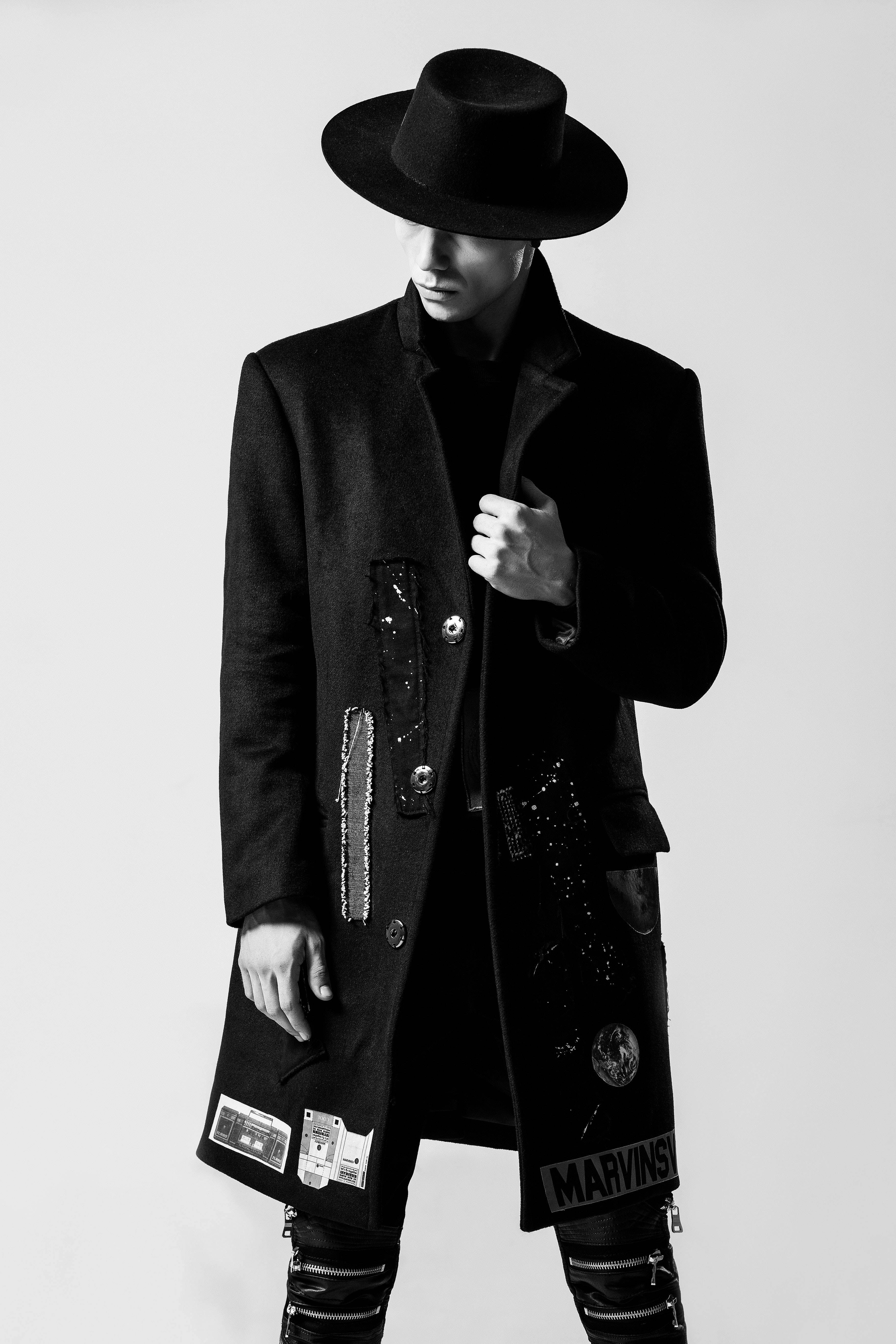 black fedora, embellished coat, monochrome, 5K Phone Wallpaper