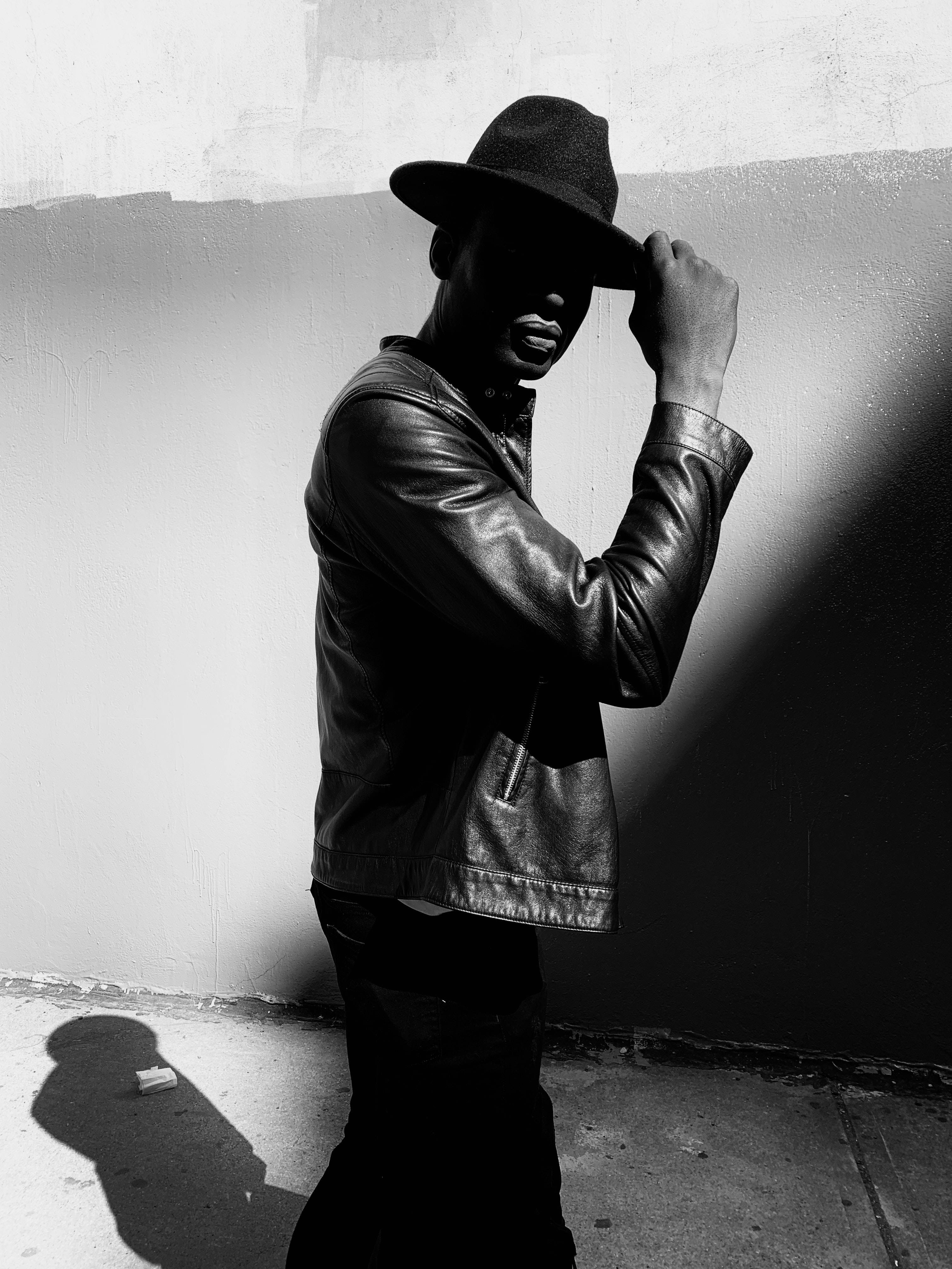 male model, leather jacket, fedora, 4K Phone Wallpaper