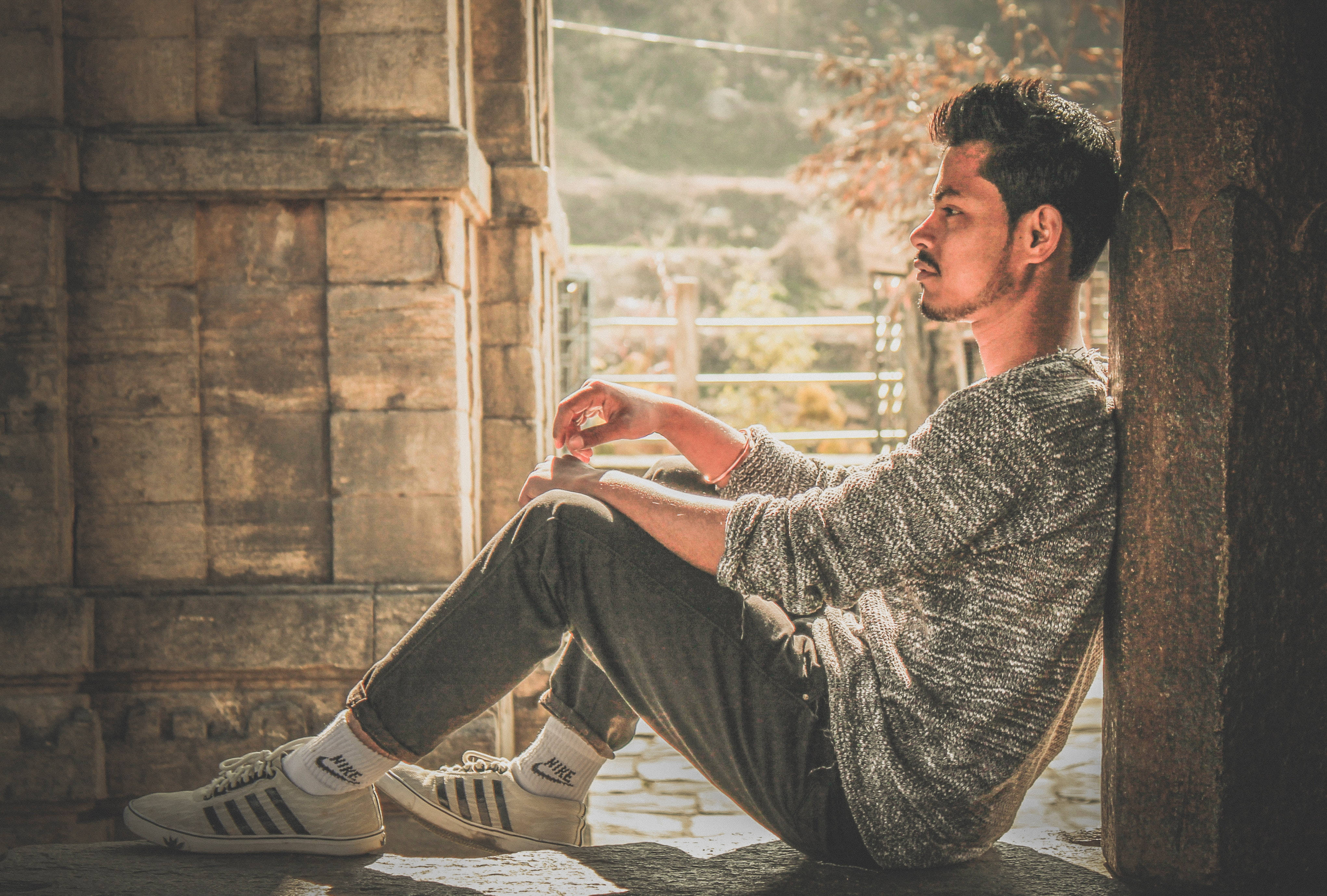 young man, mustache, stone pillars, 4K Desktop Wallpaper