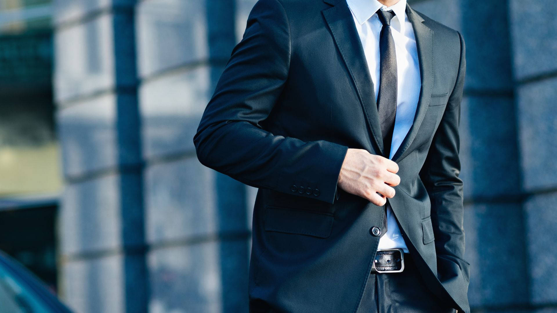 black suit, modern glass building facade, man, Full HD Desktop Wallpaper