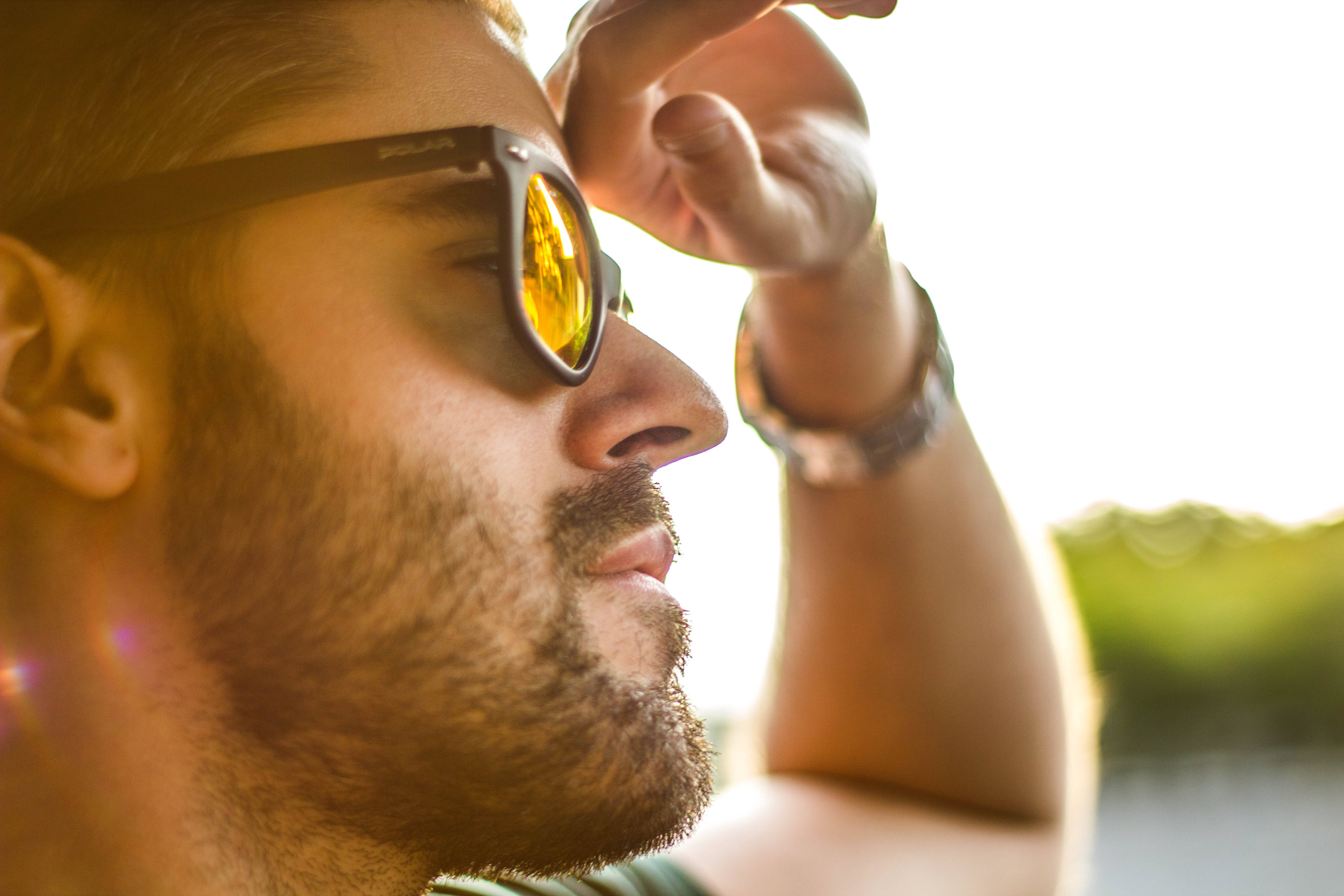 beard, yellow-tinted sunglasses, bright sunlight, 5K Desktop Wallpaper