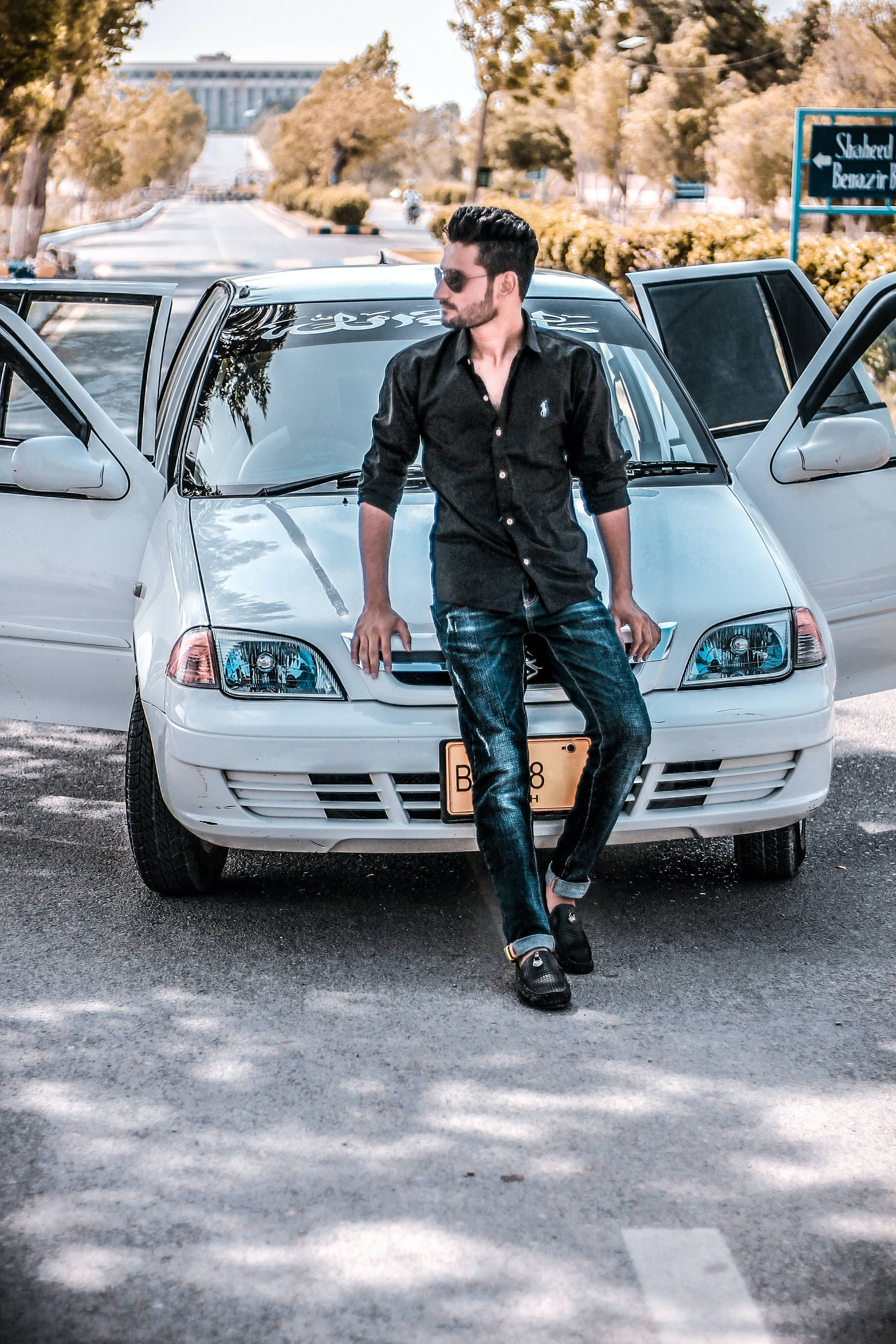 black shirt, jeans, white car, 4K Phone Wallpaper