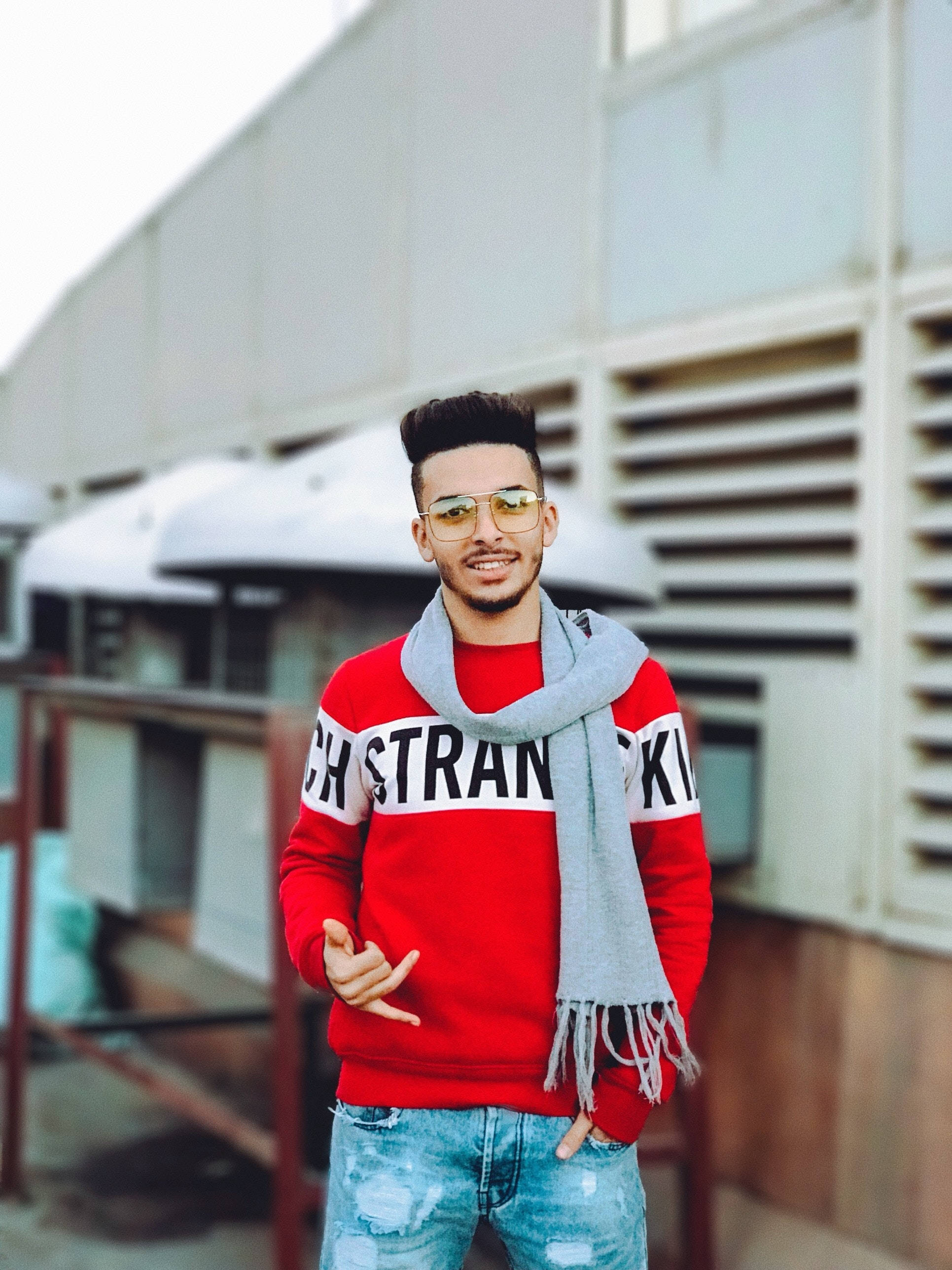 male model, red sweater, sunglasses, 2K Phone Wallpaper