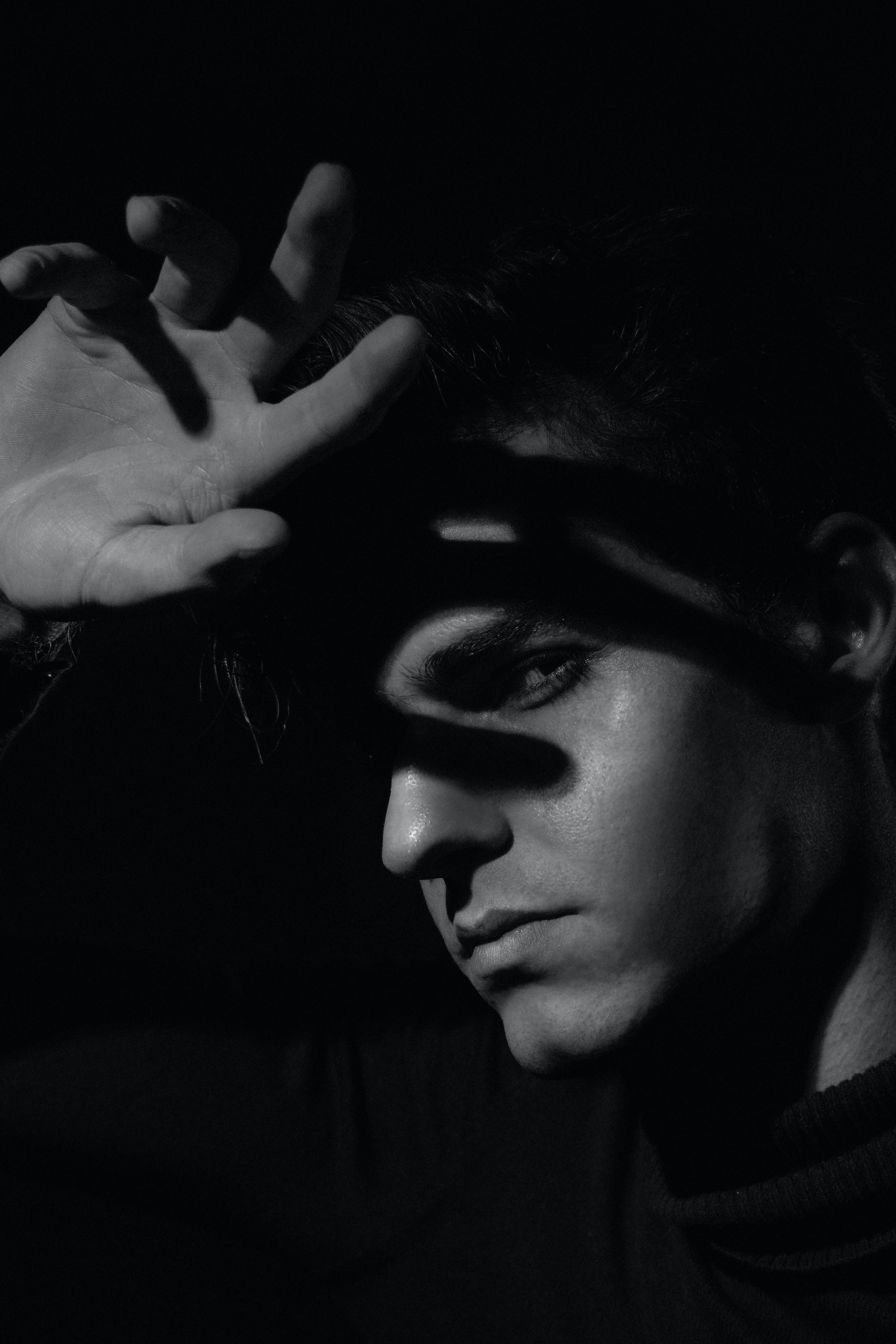 dramatic male model, black and white portrait, man in shadow, 5K Phone Wallpaper