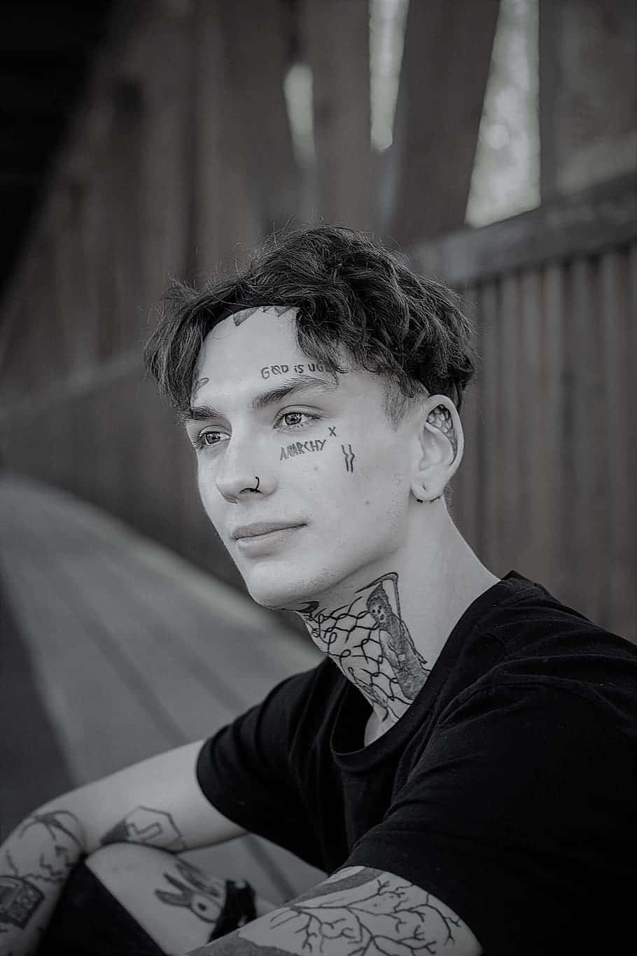 male model, tattoos, text on his face, HD Phone Wallpaper