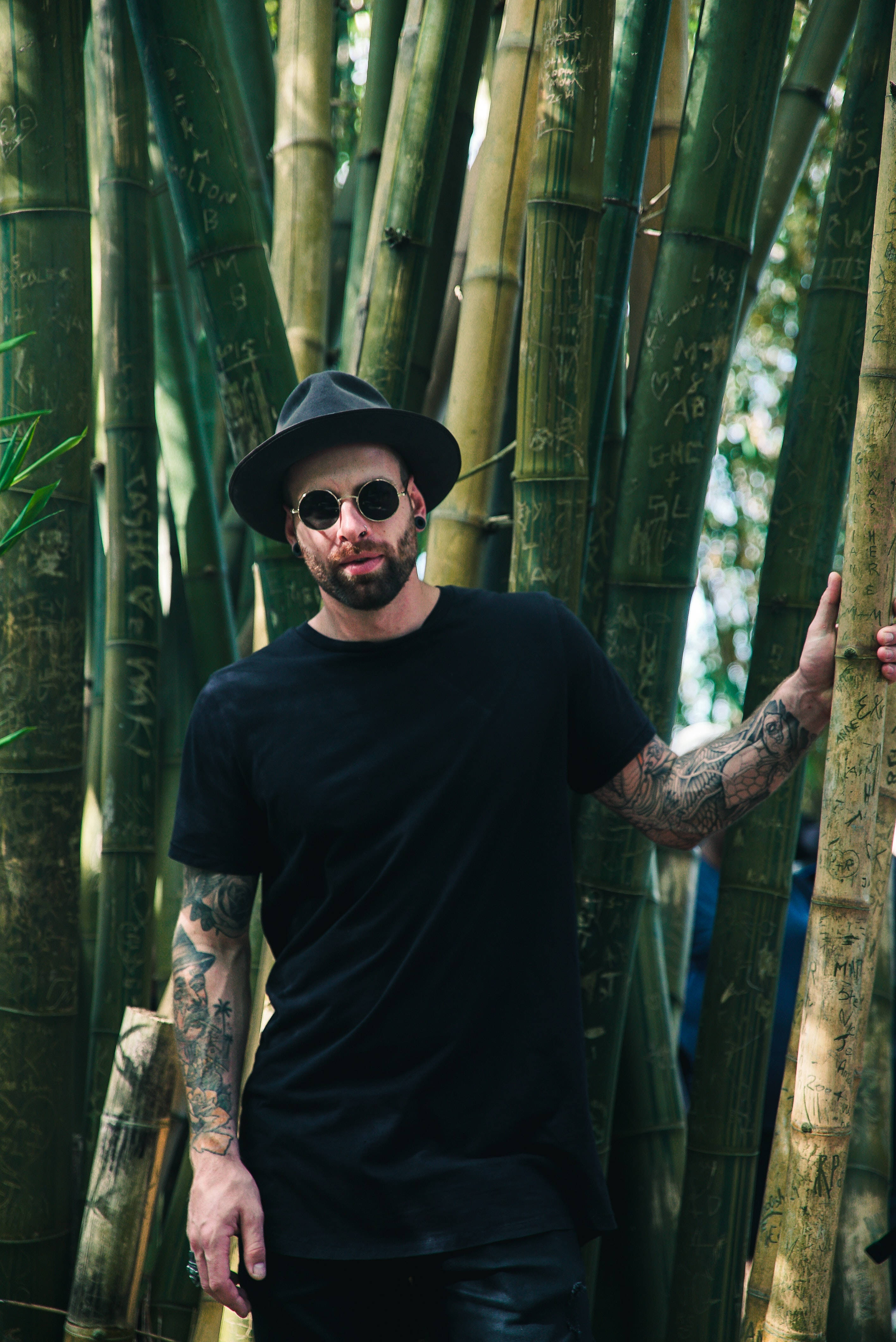 bamboo forest, tattoos, fedora, 4K Phone Wallpaper