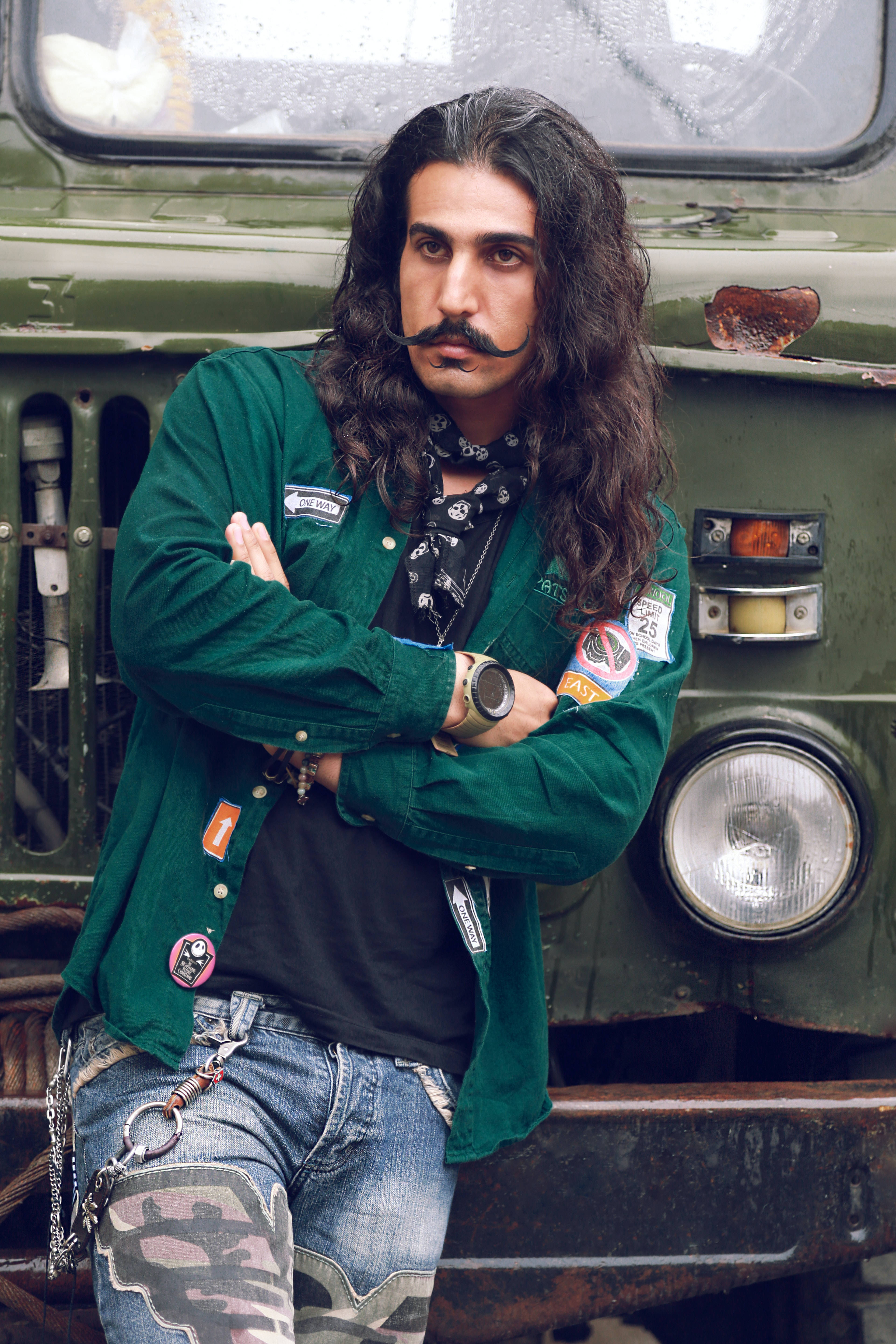 long dark hair, mustache, weathered green military truck, 5K Phone Wallpaper